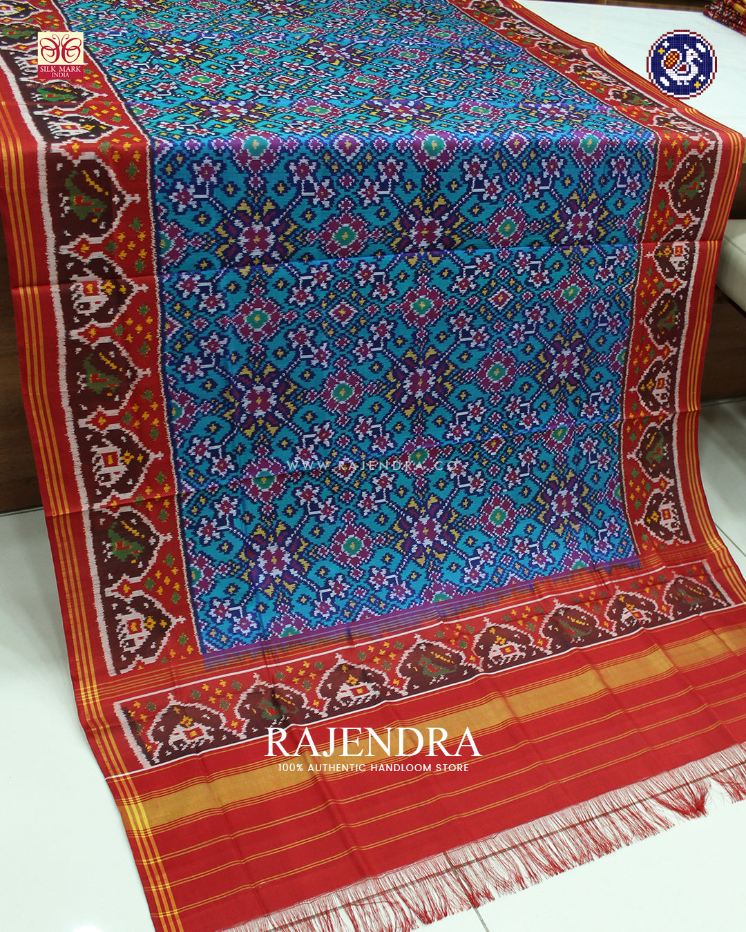 Traditional Navratna Design Red and Blue Ikat Rajkot Patola Dupatta