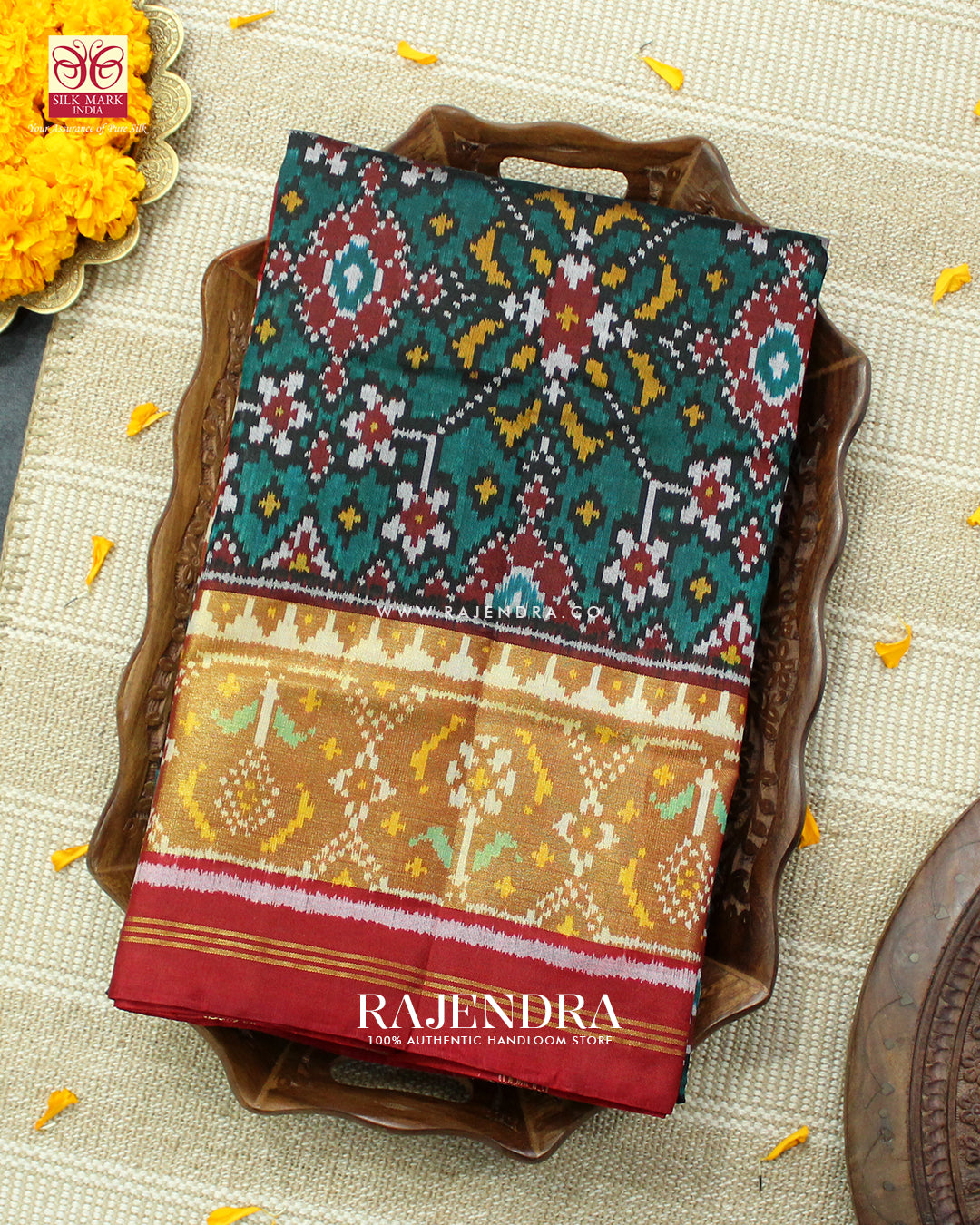 Traditional Navratna Design Red and Teal Green Single Ikat Rajkot Patola Saree