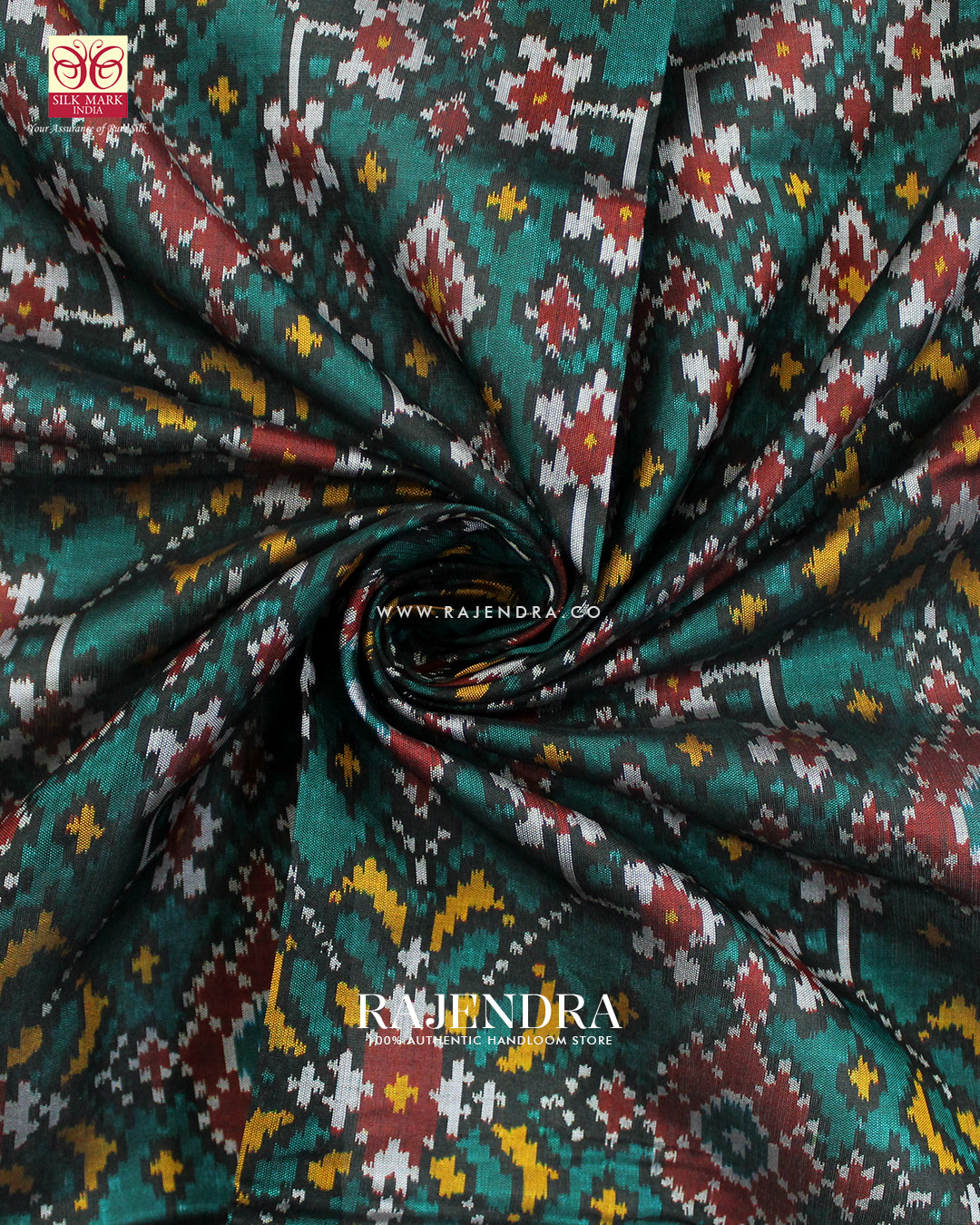 Traditional Navratna Design Red and Teal Green Single Ikat Rajkot Patola Saree