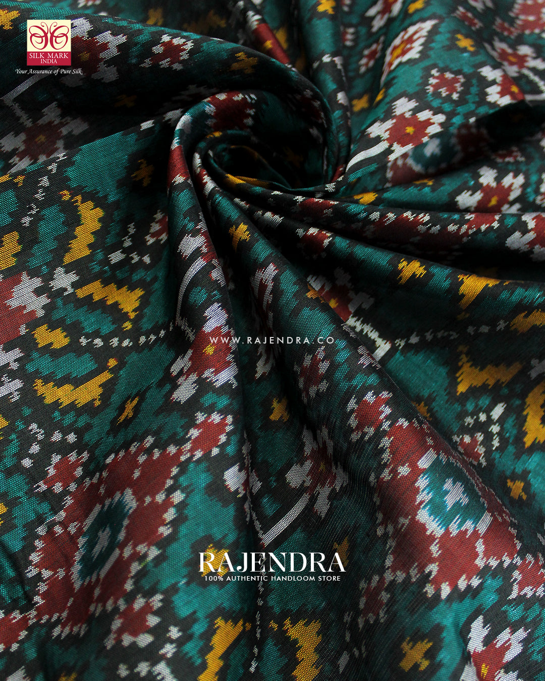 Traditional Navratna Design Red and Teal Green Single Ikat Rajkot Patola Saree