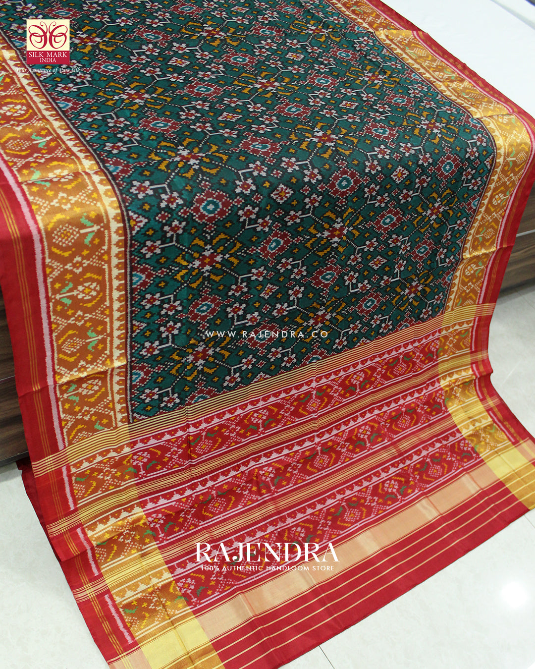 Traditional Navratna Design Red and Teal Green Single Ikat Rajkot Patola Saree