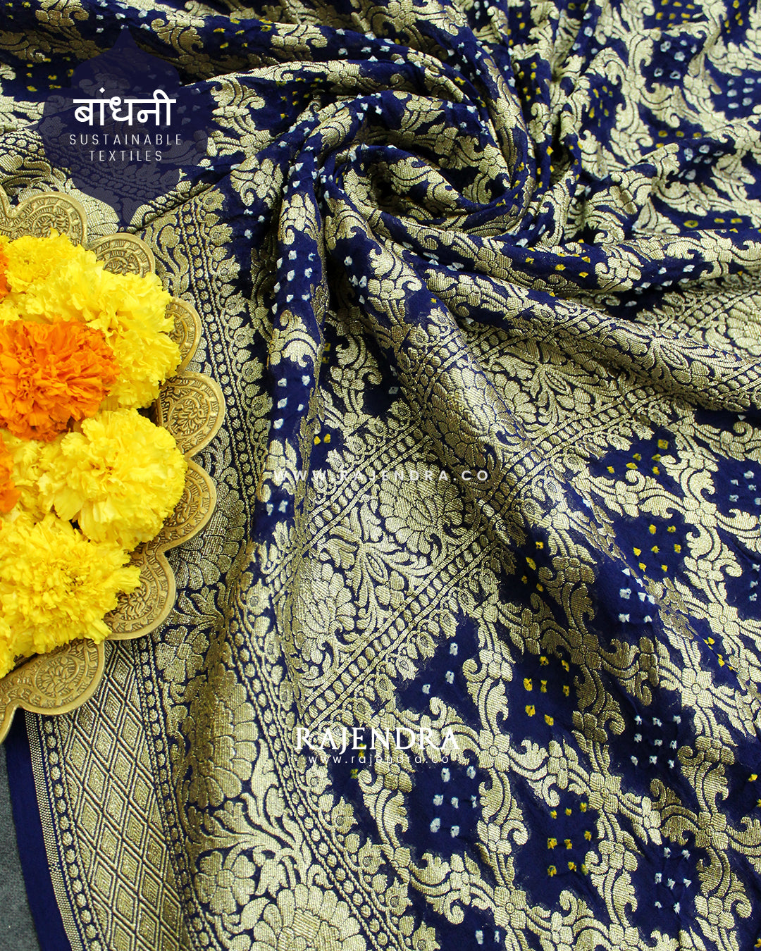 Traditional Khadi Georgette Navy Blue Banarasi Bandhani Saree
