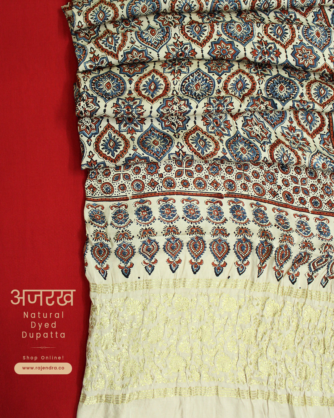 Traditional Off-white Ajrakh Natural Dyed Modal Silk Dupatta