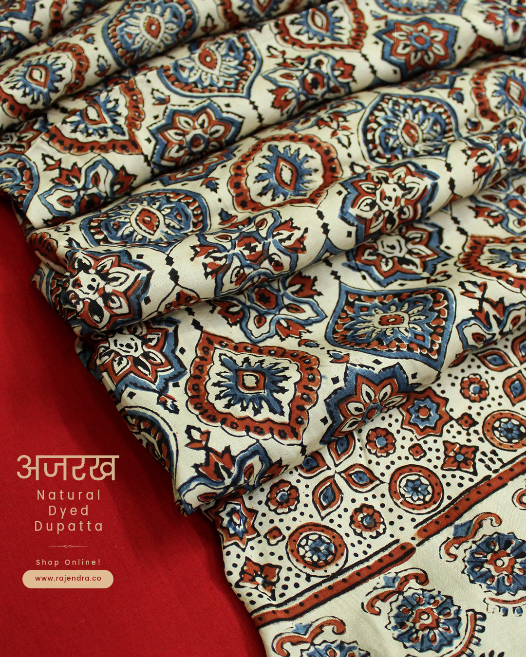 Traditional Off-white Ajrakh Natural Dyed Modal Silk Dupatta