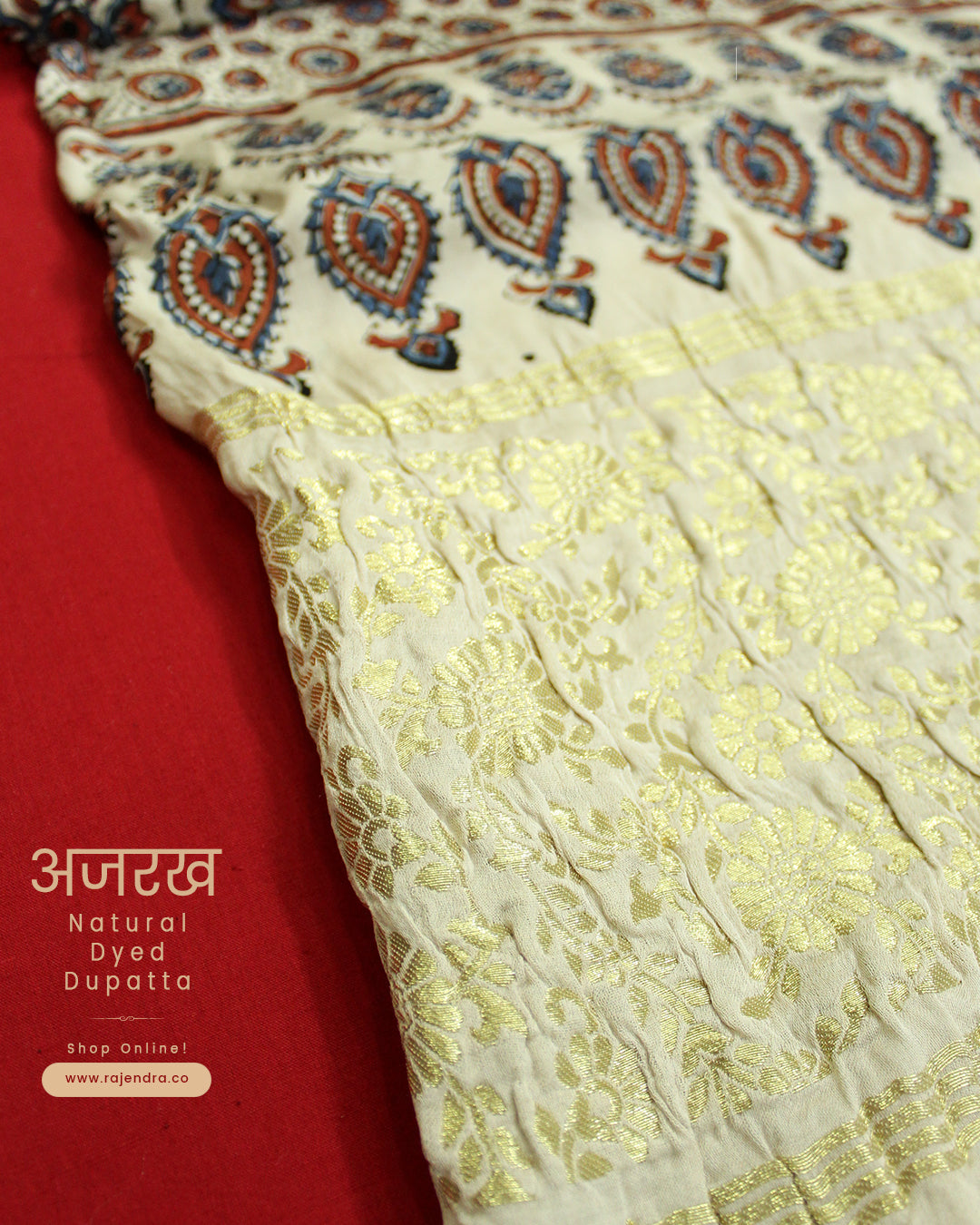 Traditional Off-white Ajrakh Natural Dyed Modal Silk Dupatta