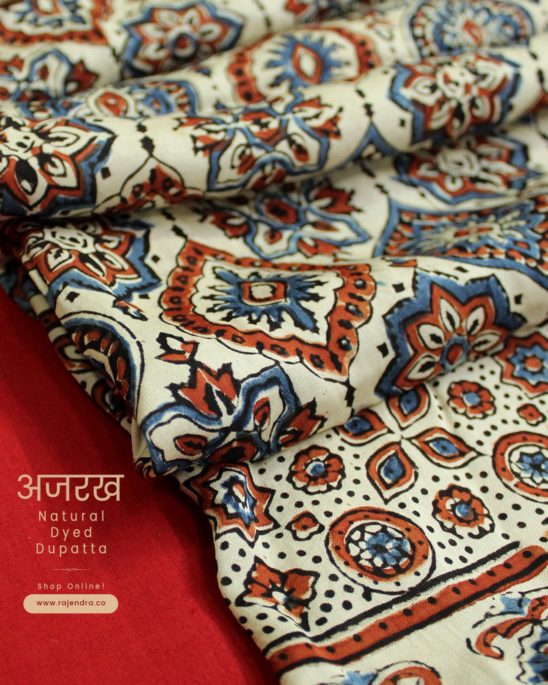 Traditional Off-white Ajrakh Natural Dyed Modal Silk Dupatta