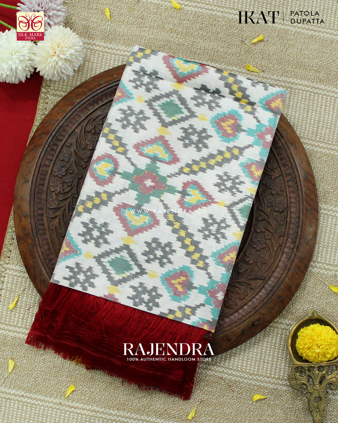 Traditional Manekchowk Red White Ikat Rajkot Patola Dupatta