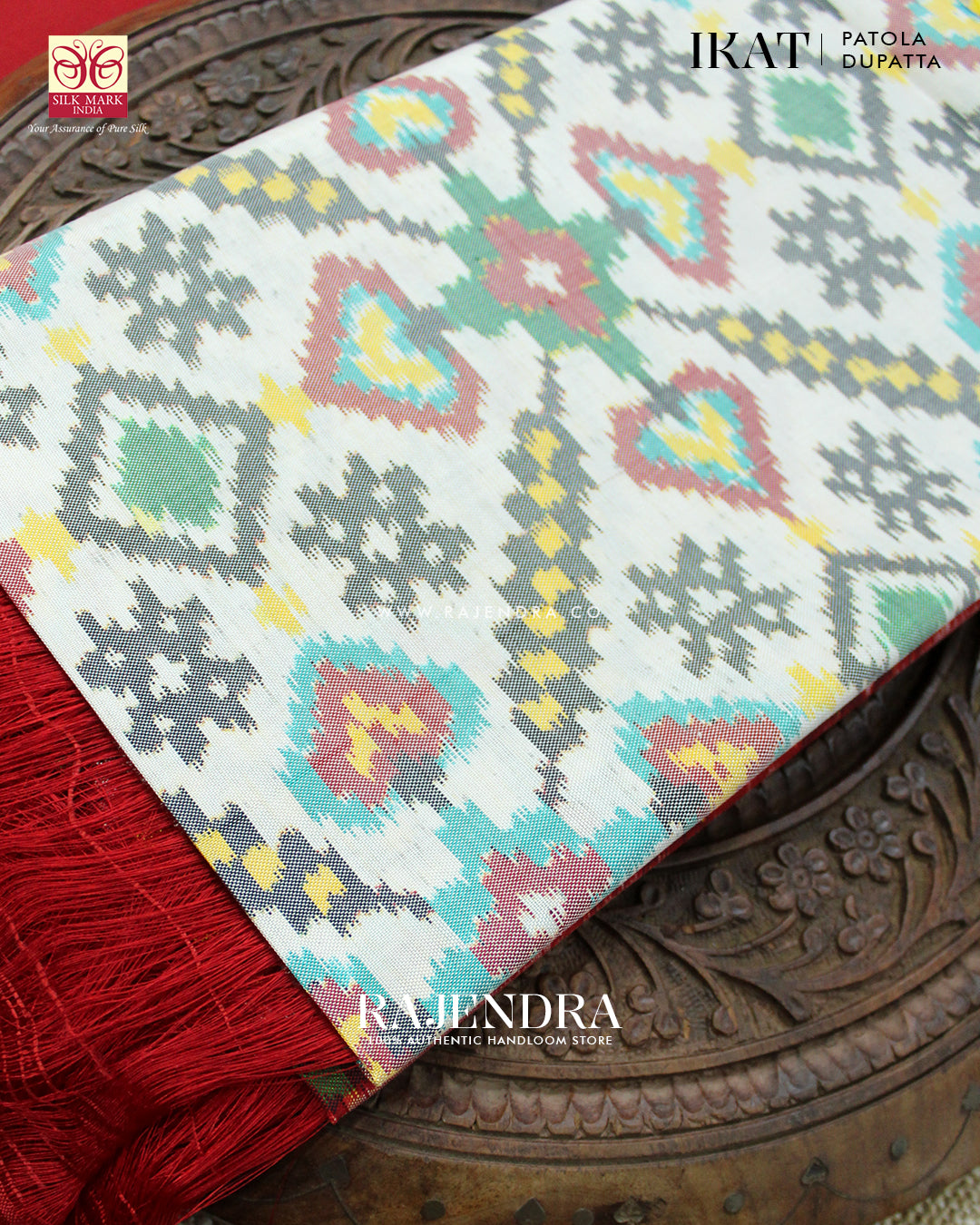 Traditional Manekchowk Red White Ikat Rajkot Patola Dupatta