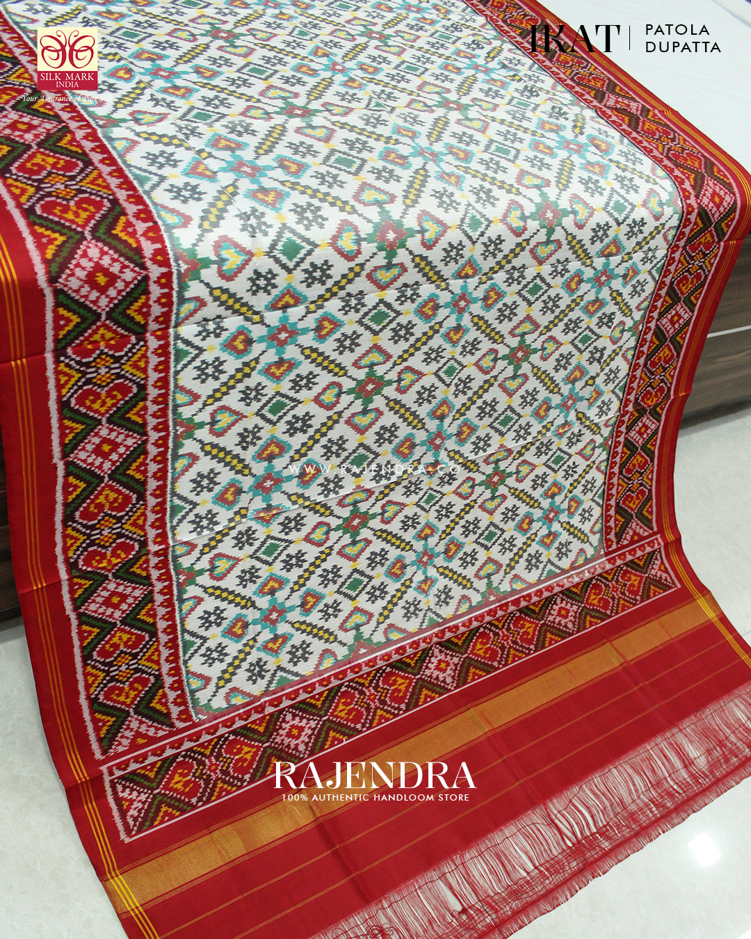 Traditional Manekchowk Red White Ikat Rajkot Patola Dupatta