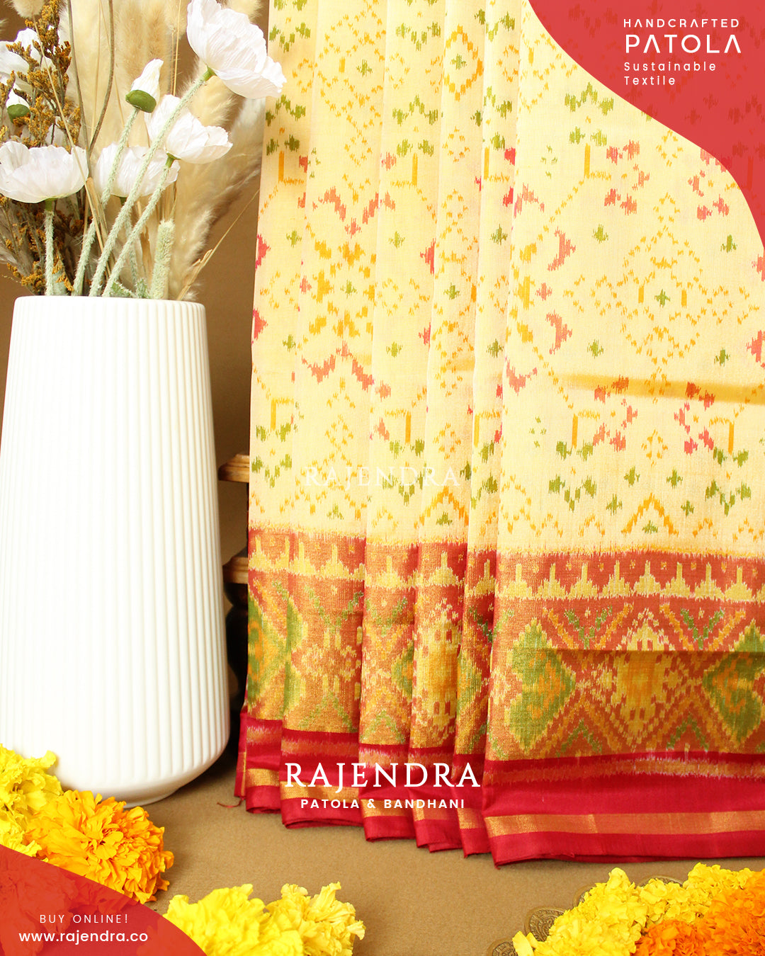 Traditional Navratna Bhat Red Off-White Single Ikat Rajkot Patola Saree