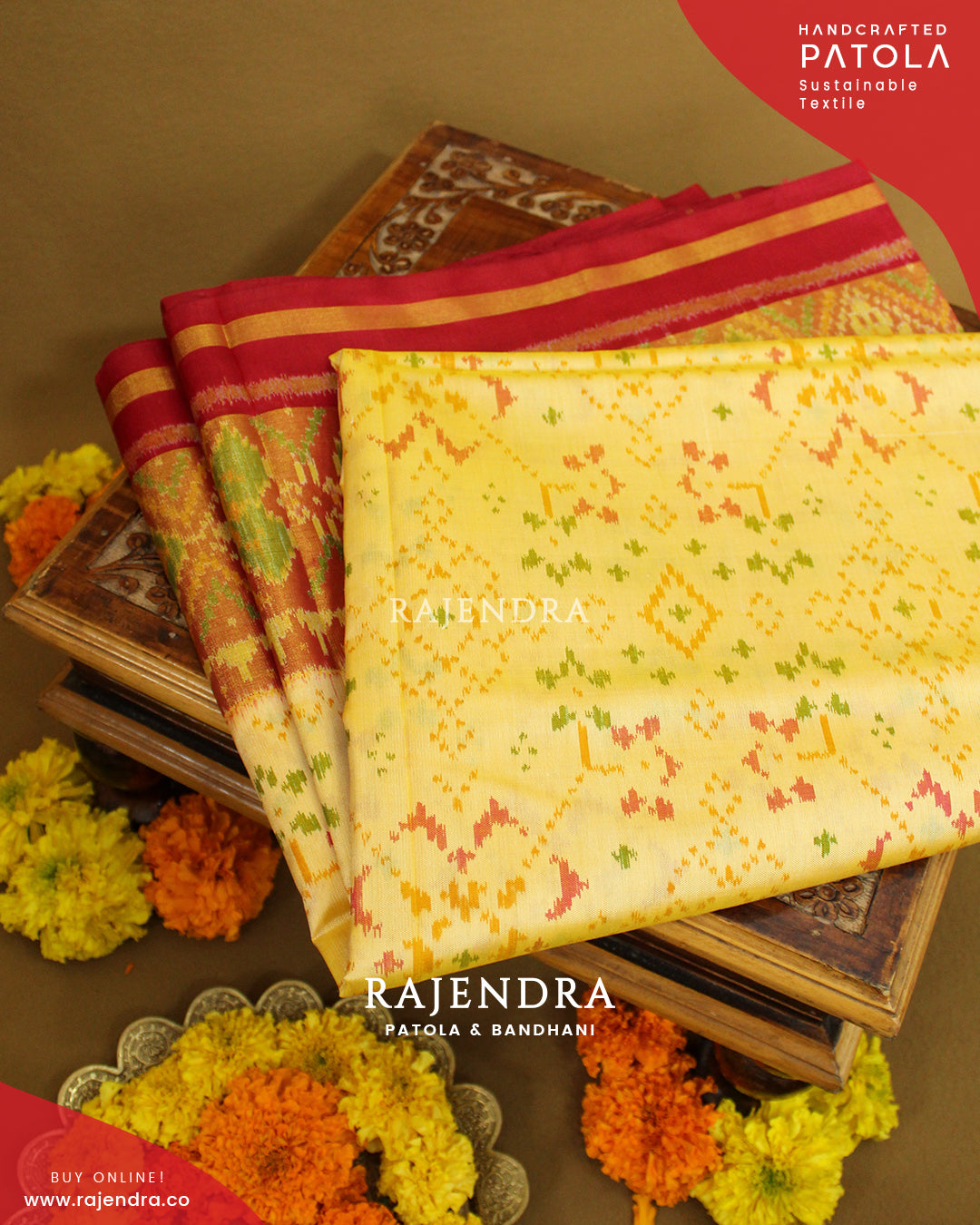 Traditional Navratna Bhat Red Off-White Single Ikat Rajkot Patola Saree