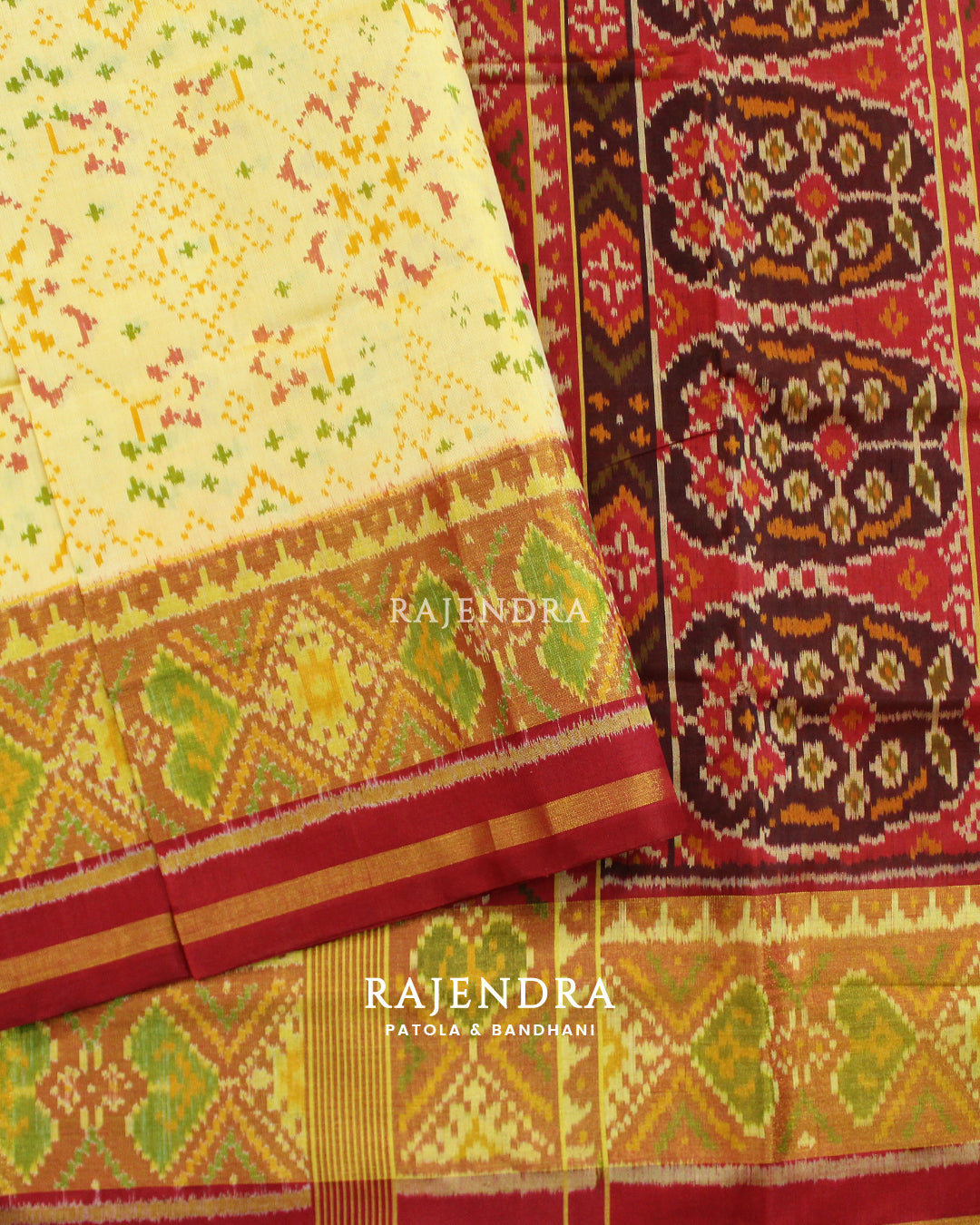 Traditional Navratna Bhat Red Off-White Single Ikat Rajkot Patola Saree