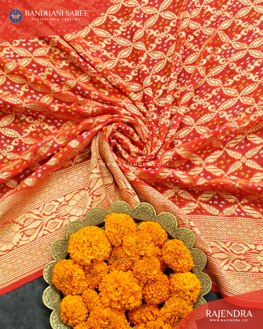 Traditional Khadi Georgette Orange Banarasi Bandhani Saree