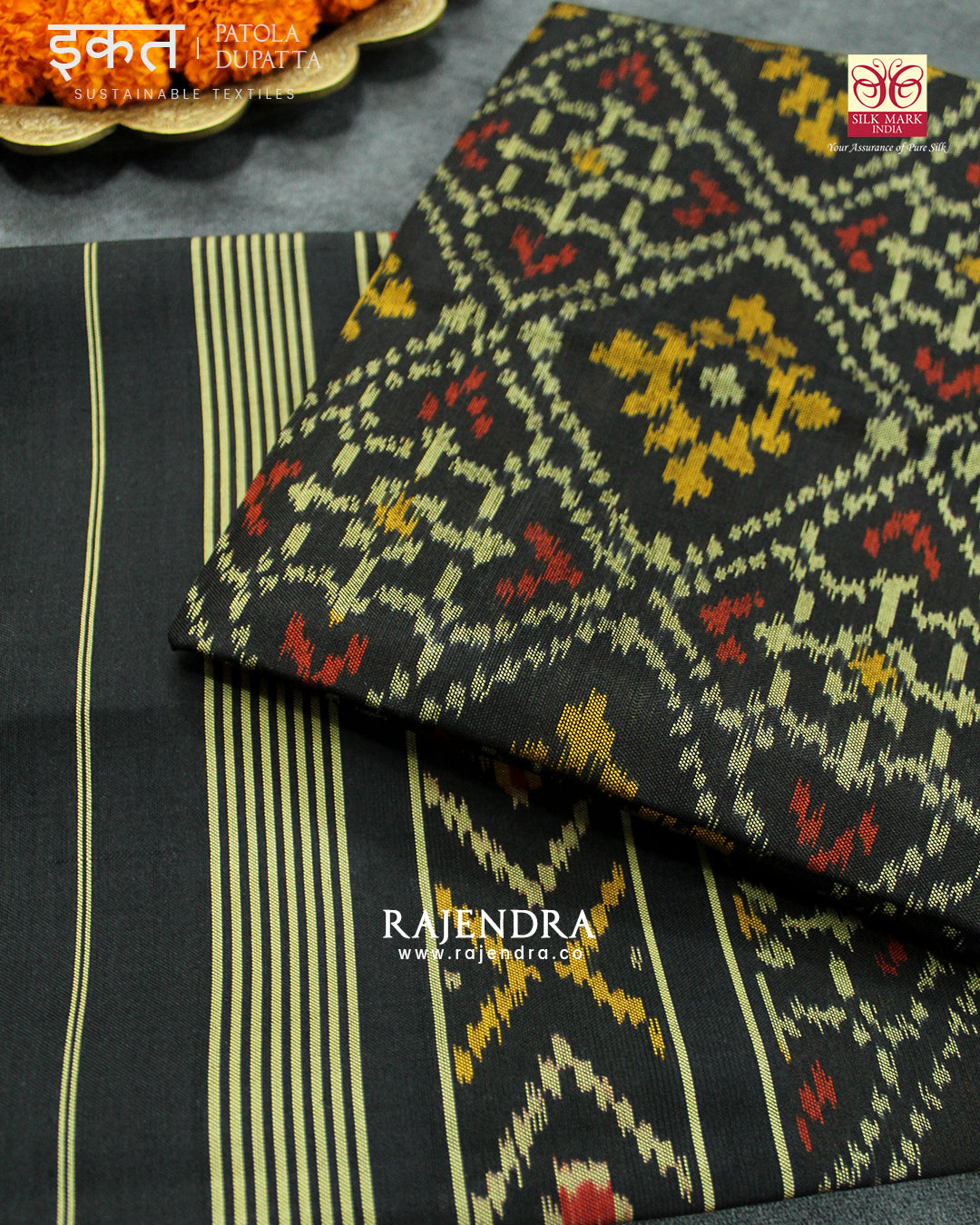 Traditional Panchanda Bhat Black Single Ikat Rajkot Patola Dupatta