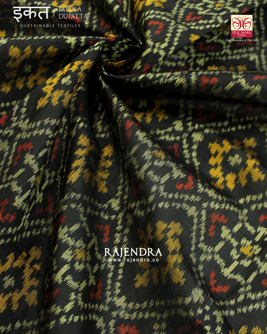 Traditional Panchanda Bhat Black Single Ikat Rajkot Patola Dupatta