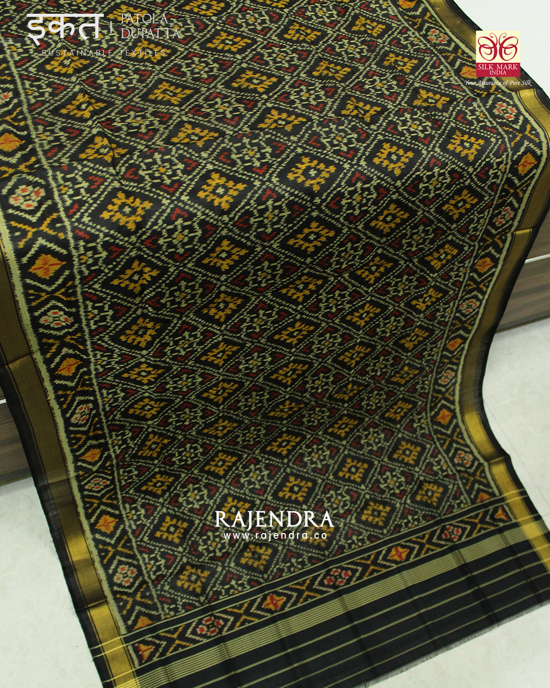 Traditional Panchanda Bhat Black Single Ikat Rajkot Patola Dupatta