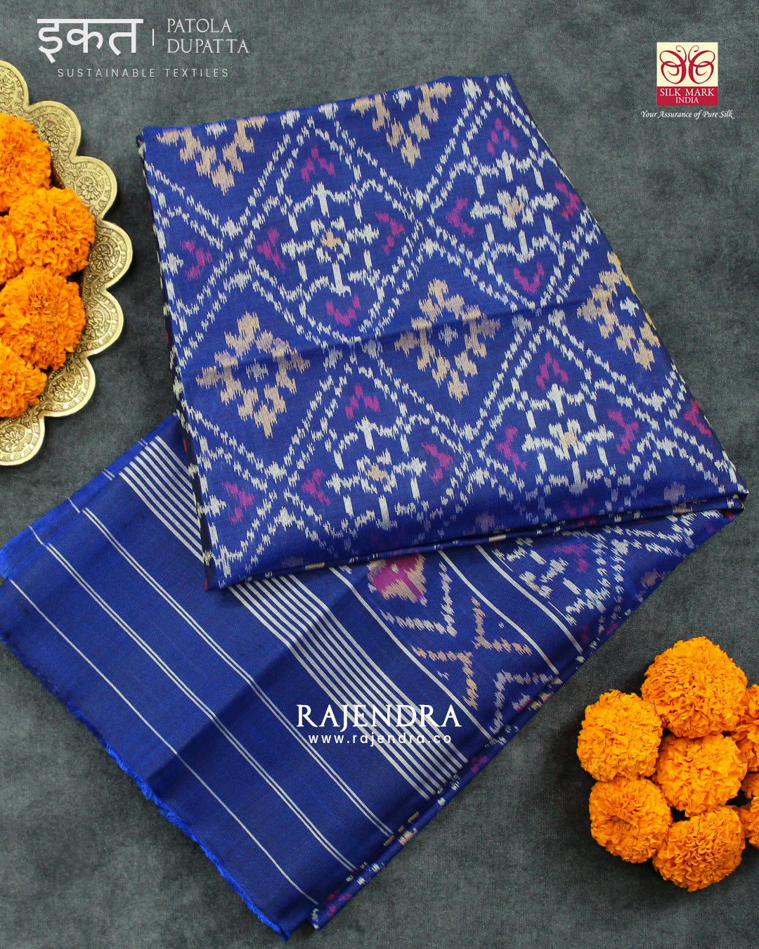 Traditional Panchanda Bhat Navy Blue Single Ikat Rajkot Patola Dupatta