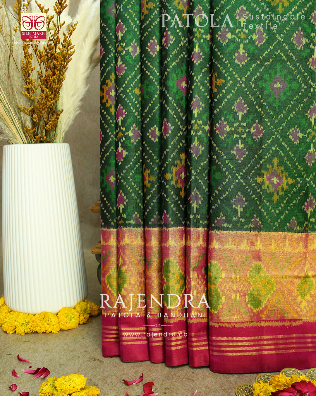 Traditional Panchanda Bhat Pink and Green Single Ikat Rajkot Patola Saree
