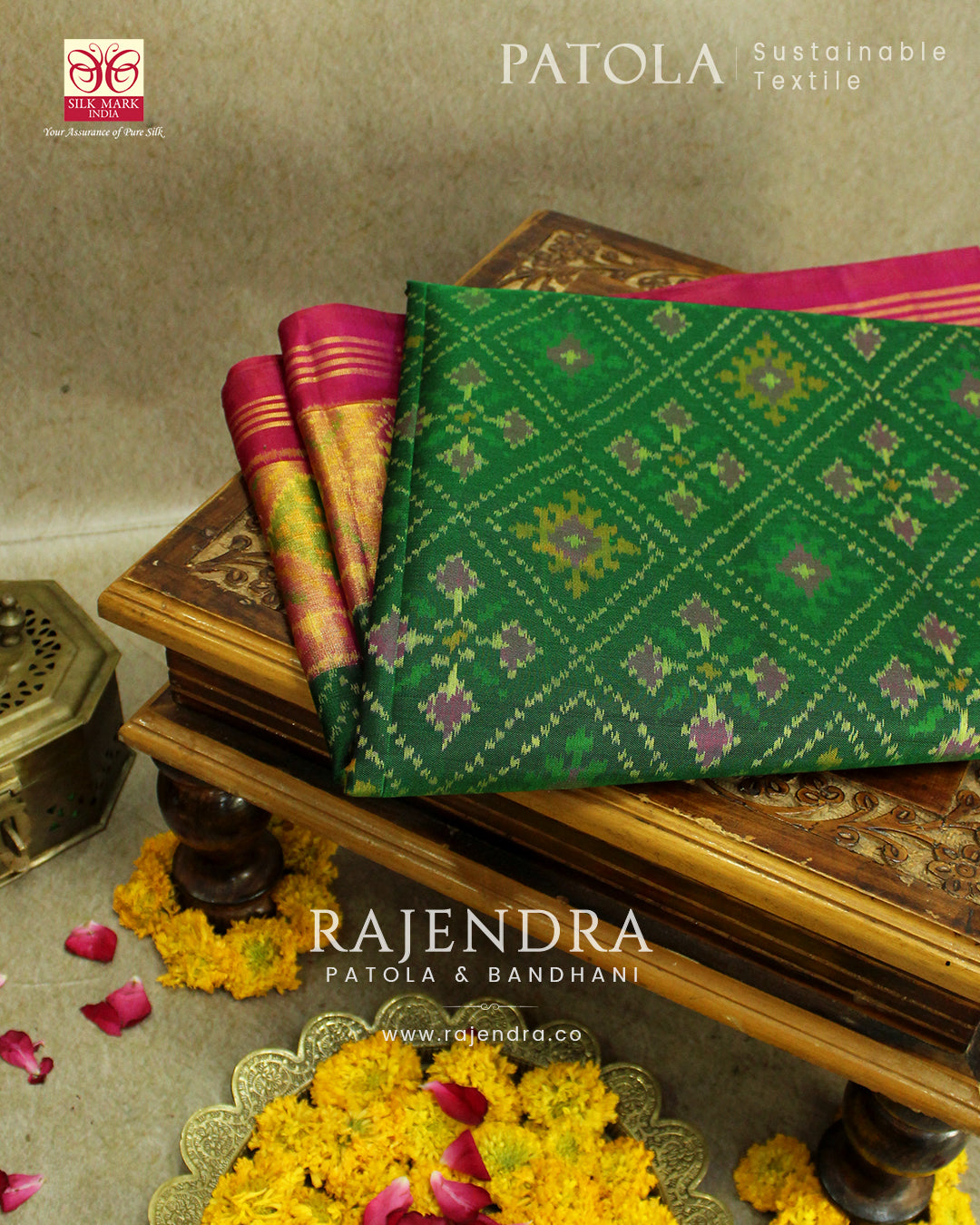 Traditional Panchanda Bhat Pink and Green Single Ikat Rajkot Patola Saree