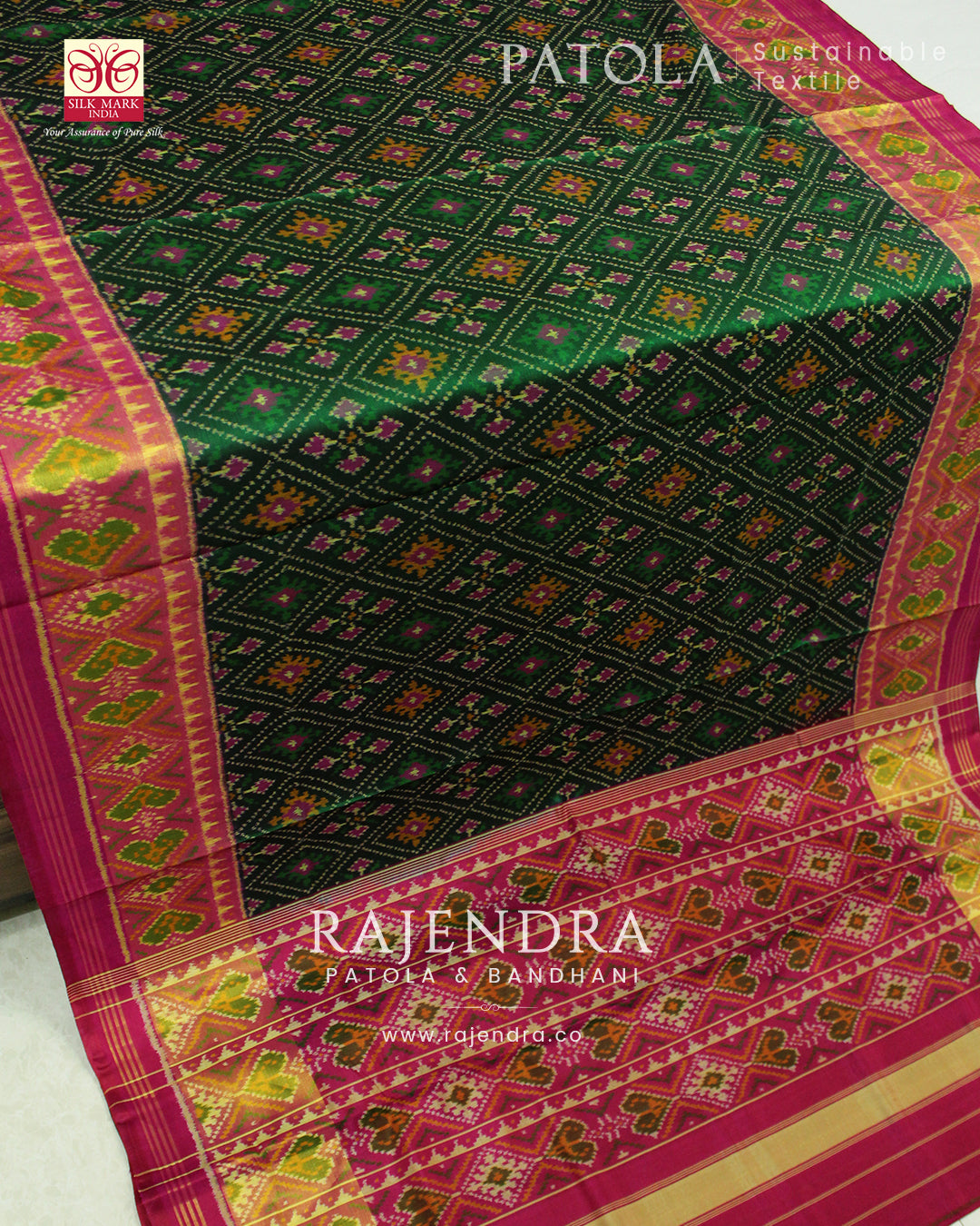 Traditional Panchanda Bhat Pink and Green Single Ikat Rajkot Patola Saree