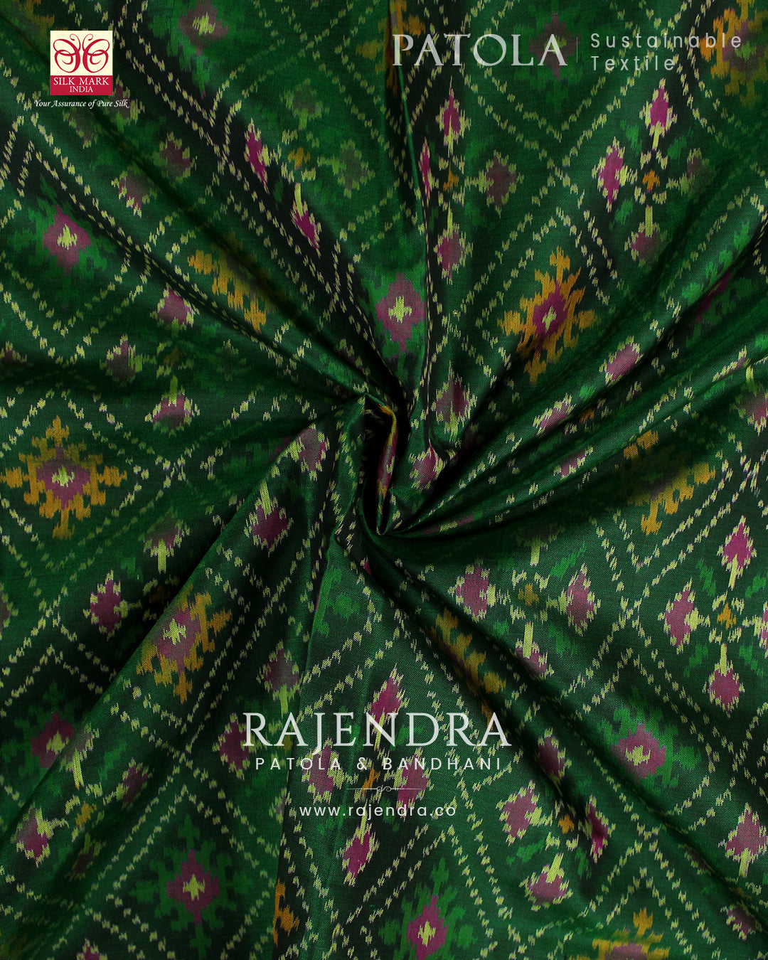 Traditional Panchanda Bhat Pink and Green Single Ikat Rajkot Patola Saree