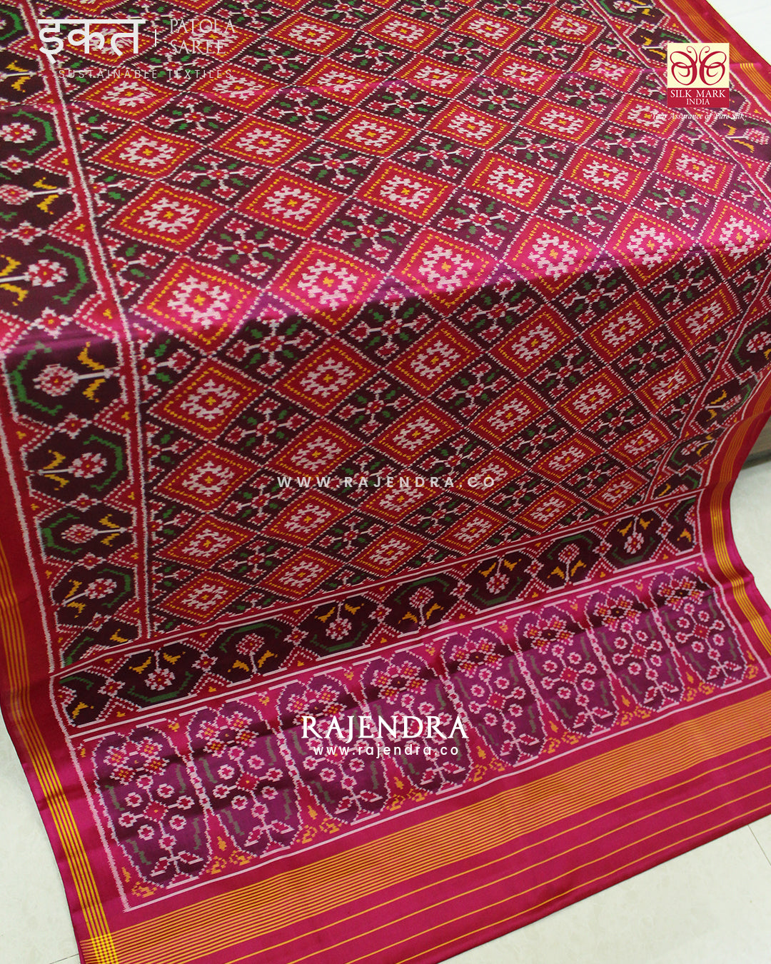 Traditional Panchanda Bhat Pink Semi Double Ikat Rajkot Patola Saree
