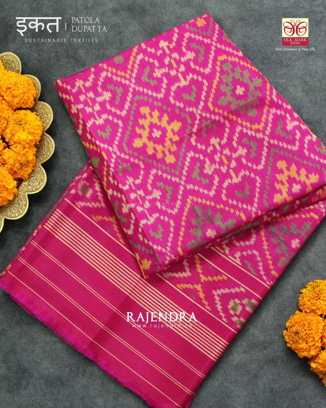 Traditional Panchanda Bhat Pink Single Ikat Rajkot Patola Dupatta
