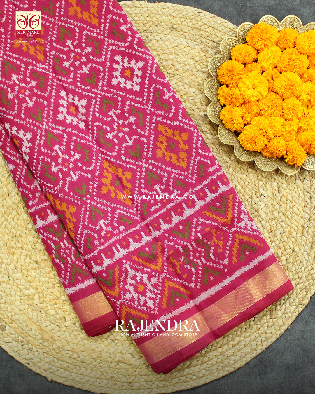 Traditional Panchanda Design Dark Pink Single Ikat Rajkot Patola Saree