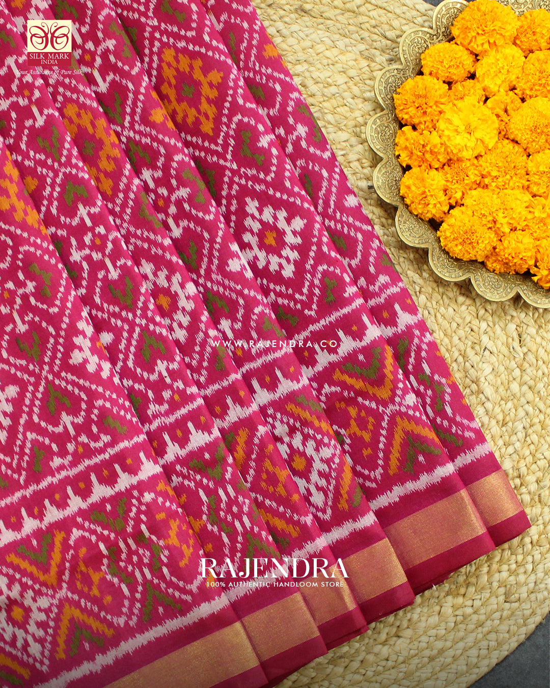Traditional Panchanda Design Dark Pink Single Ikat Rajkot Patola Saree