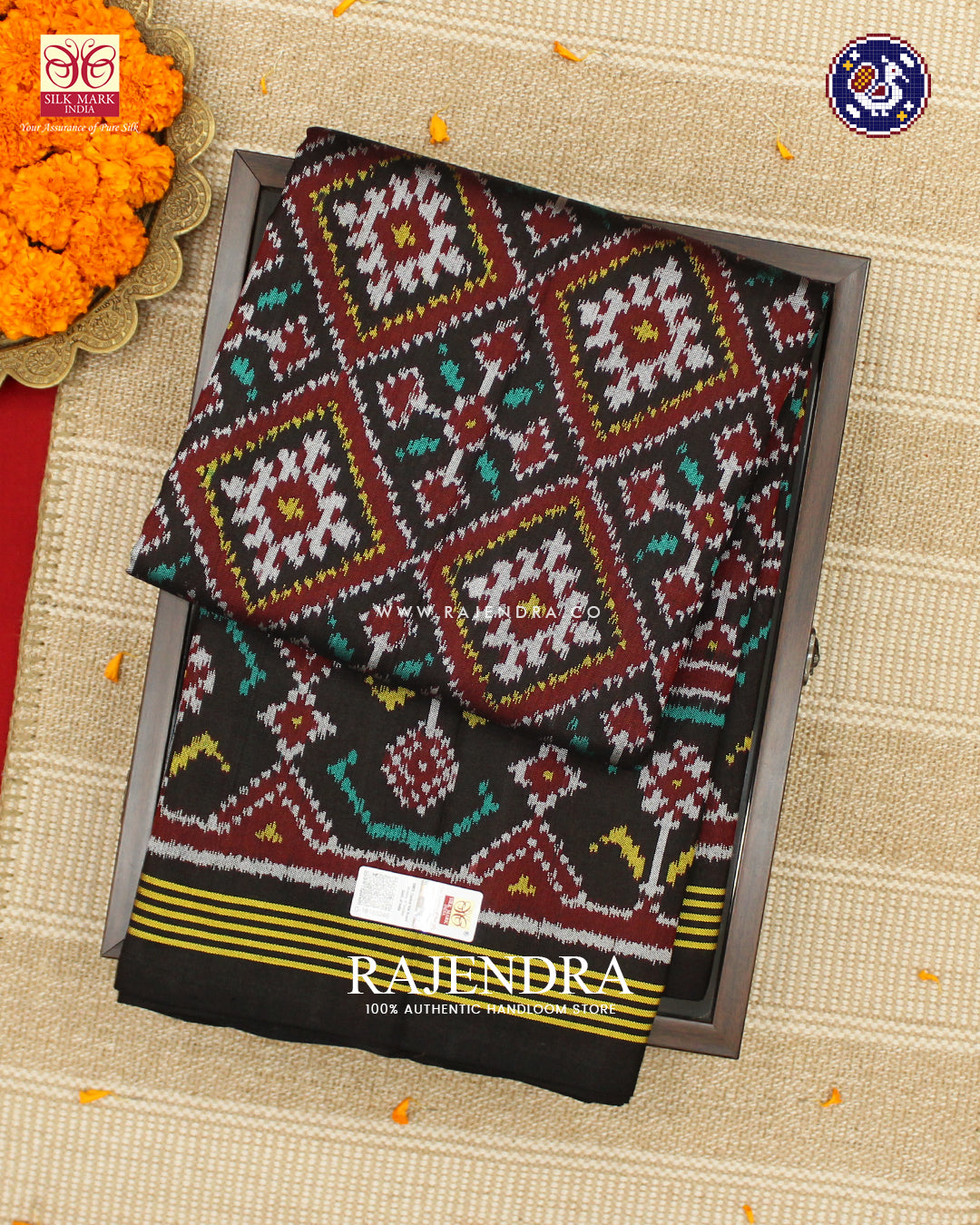 Traditional Panchanda Design Black Ikat Rajkot Patola Saree