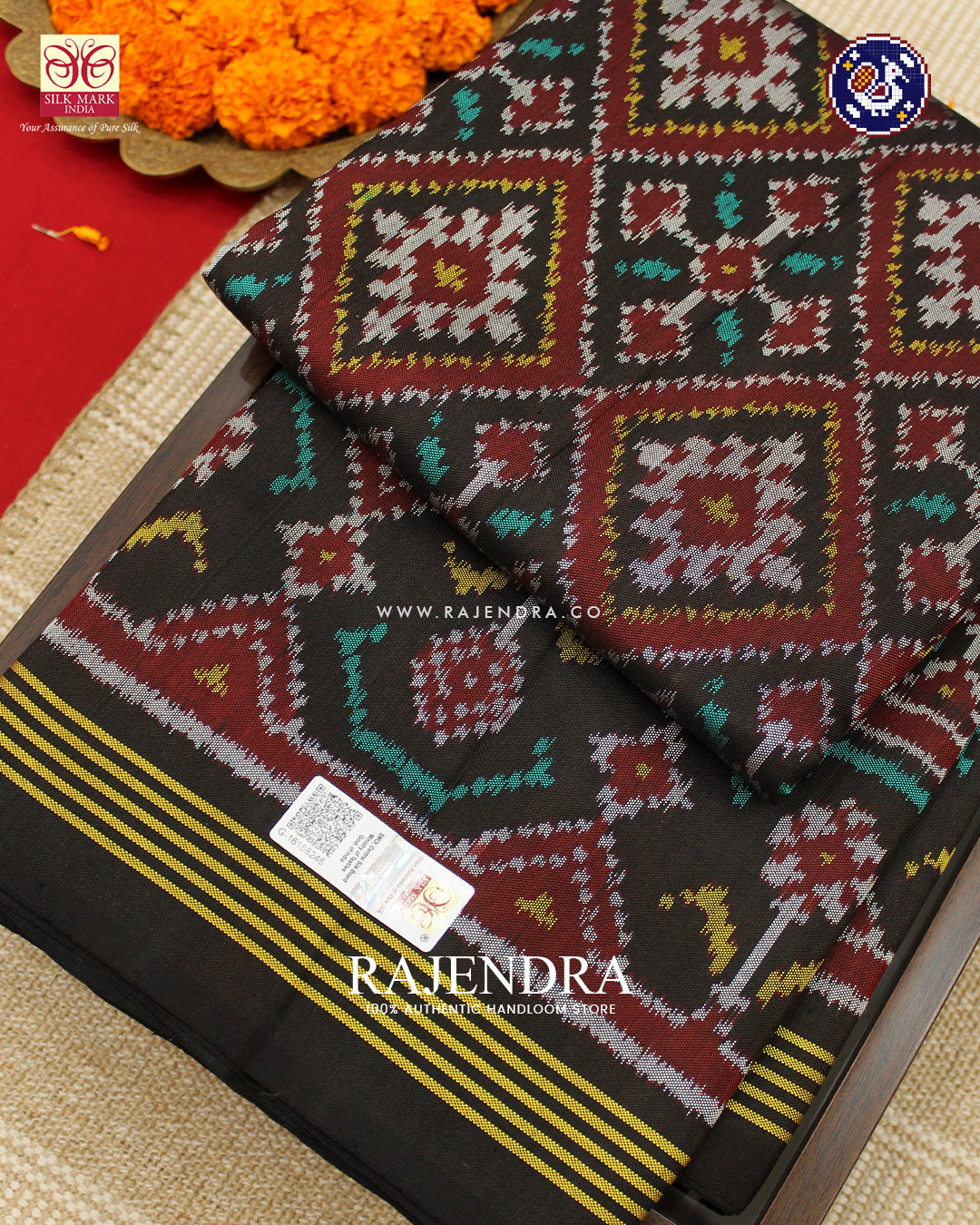 Traditional Panchanda Design Black Ikat Rajkot Patola Saree