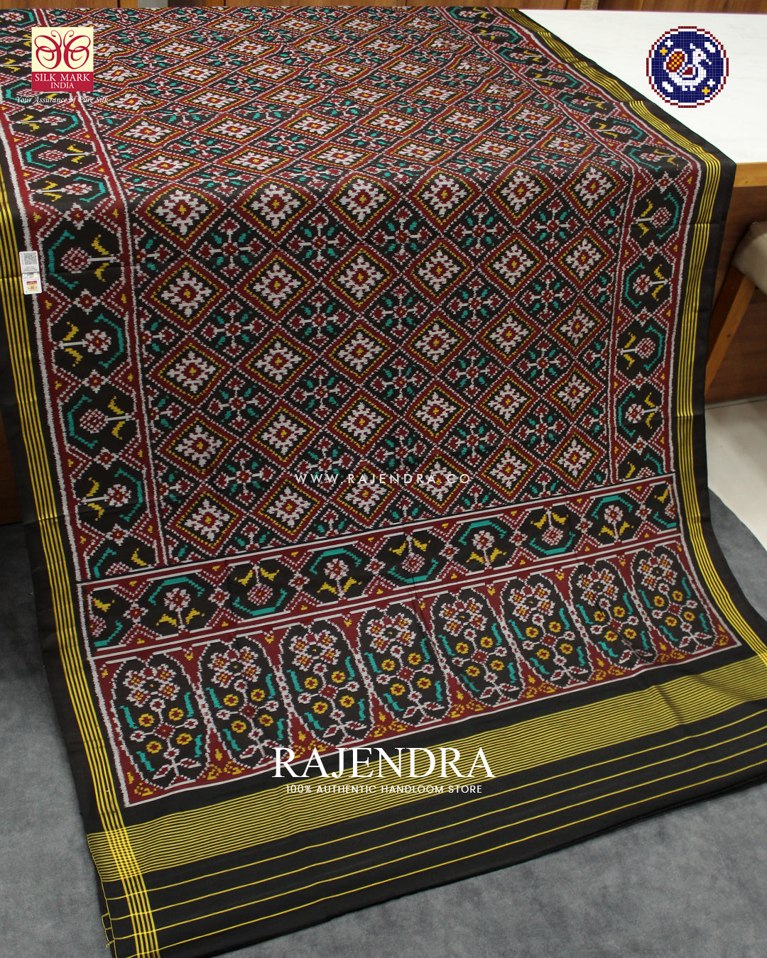 Traditional Panchanda Design Black Ikat Rajkot Patola Saree