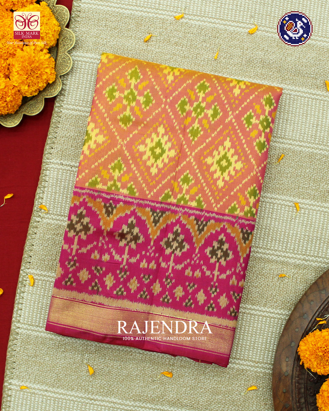 Traditional Panchanda Design Peach Pink Rajkot Patola Saree