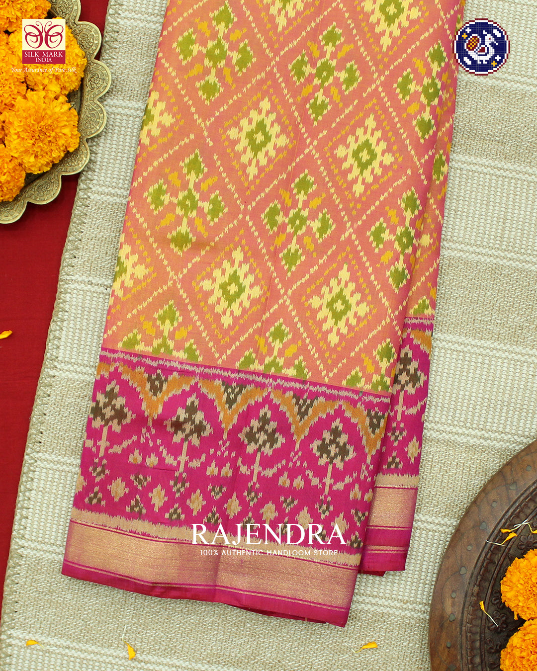 Traditional Panchanda Design Peach Pink Rajkot Patola Saree