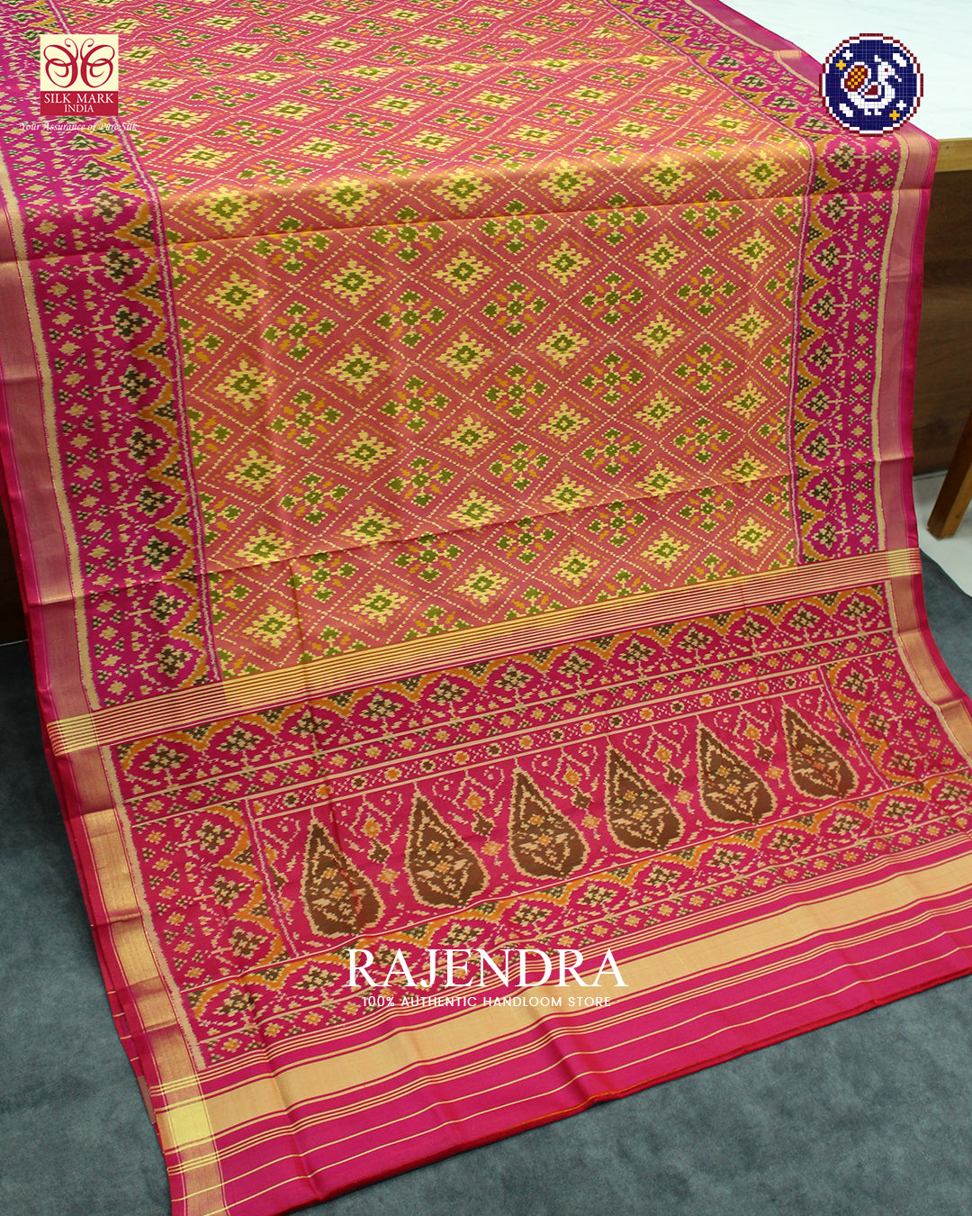 Traditional Panchanda Design Peach Pink Rajkot Patola Saree