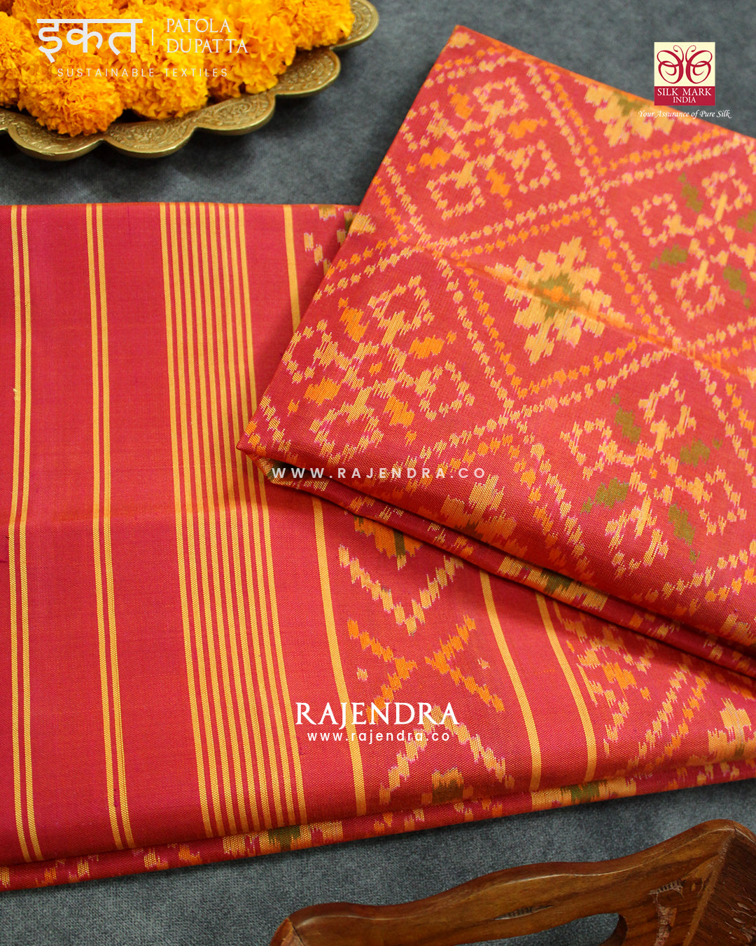 Traditional Panchanda Design Peach Single Ikat Rajkot Patola Dupatta