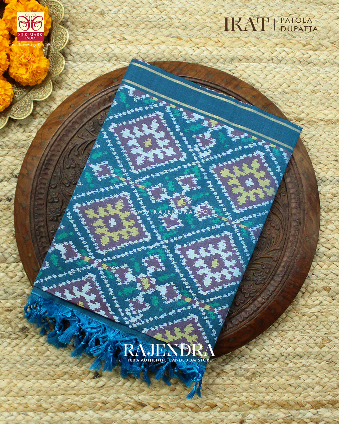 Exclusive Panchanda Design Peacock Blue Ikat Rajkot Patola Dupatta