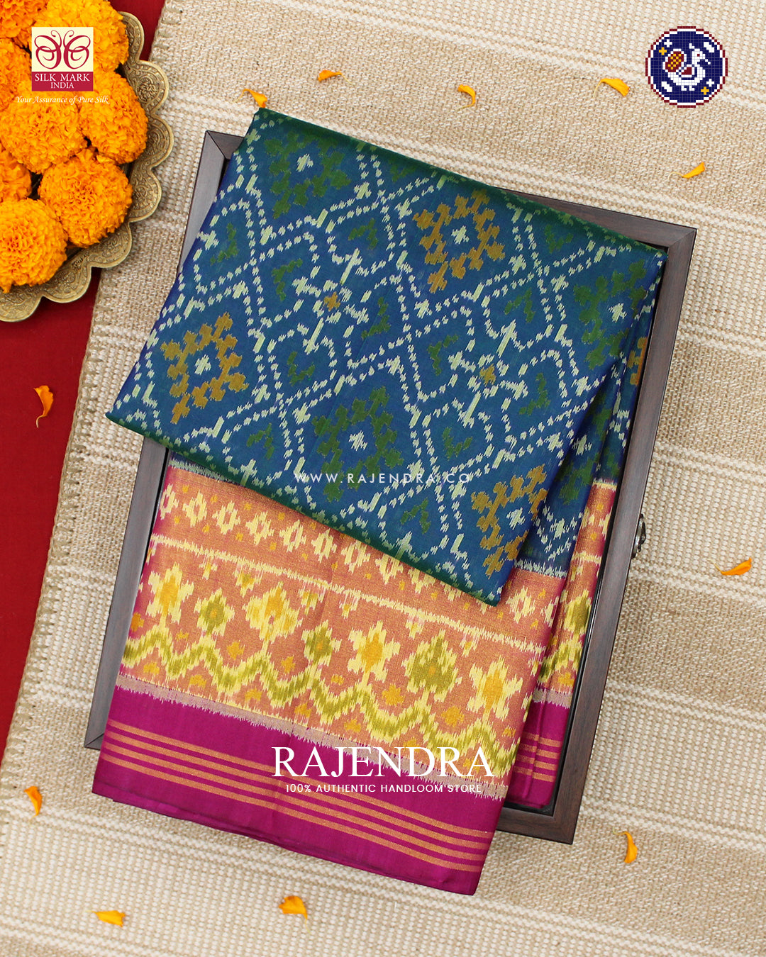 Traditional Panchanda Design Pink and Blue Rajkot Patola Saree