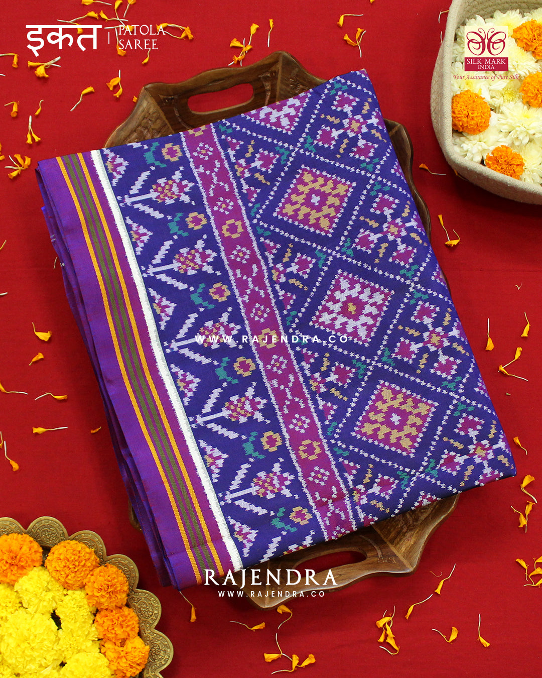 Exclusive Panchanda Design Purple and Blue Semi Double Ikat Rajkot Patola Saree