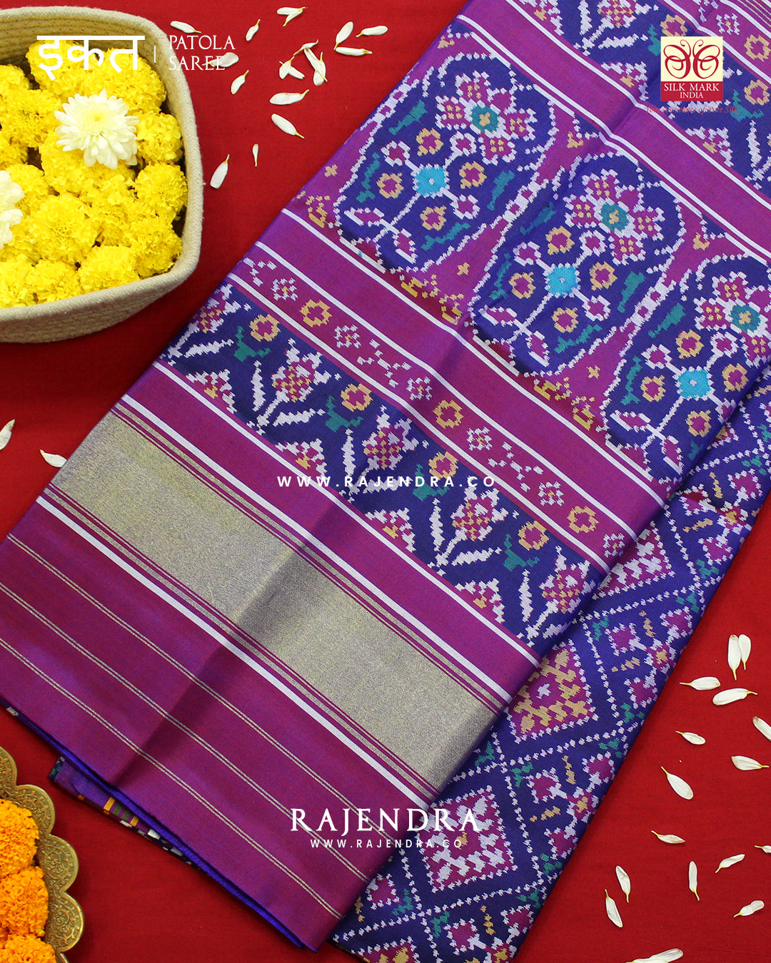 Exclusive Panchanda Design Purple and Blue Semi Double Ikat Rajkot Patola Saree