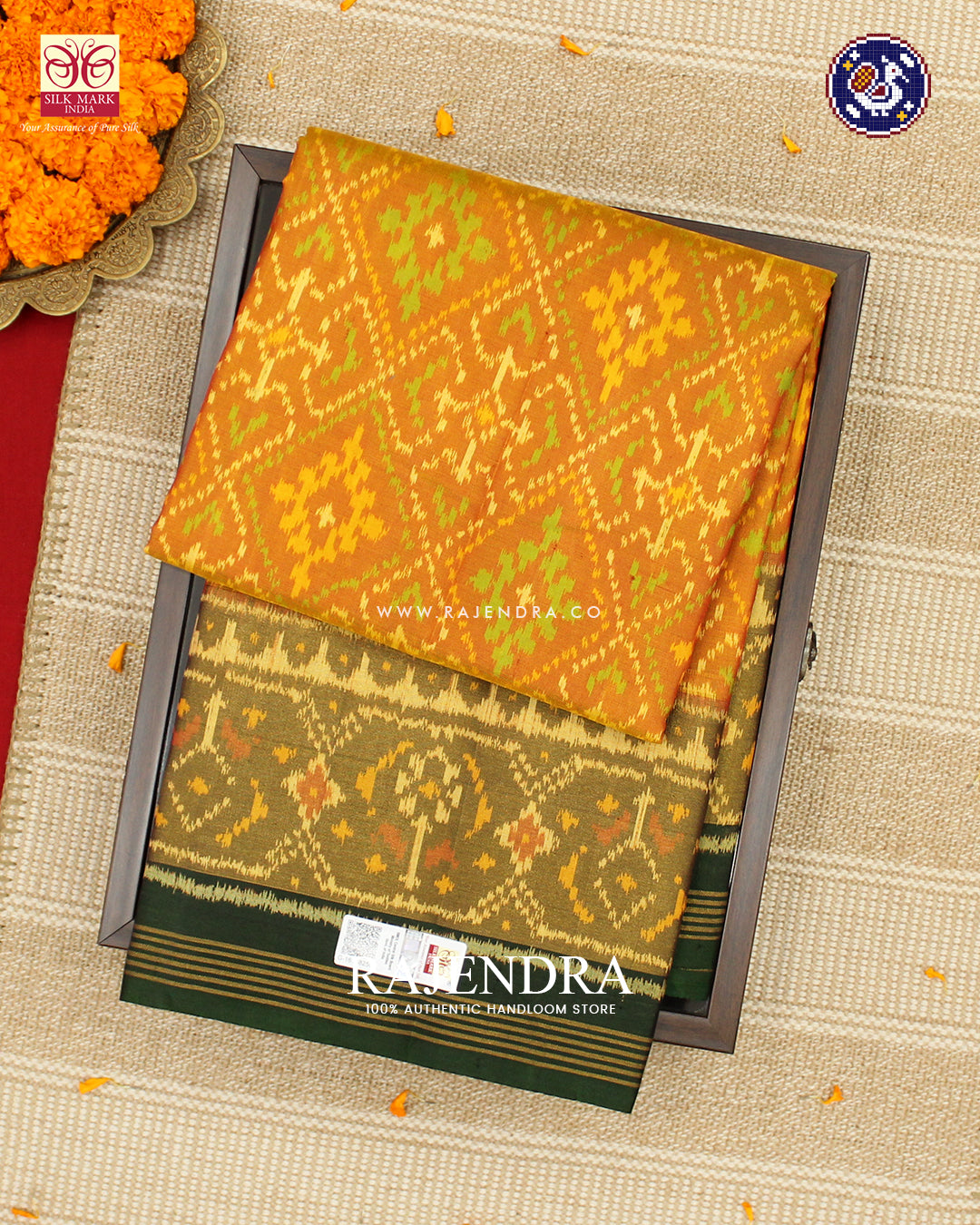 Traditional Panchanda Design Green Mustard Rajkot Patola Saree