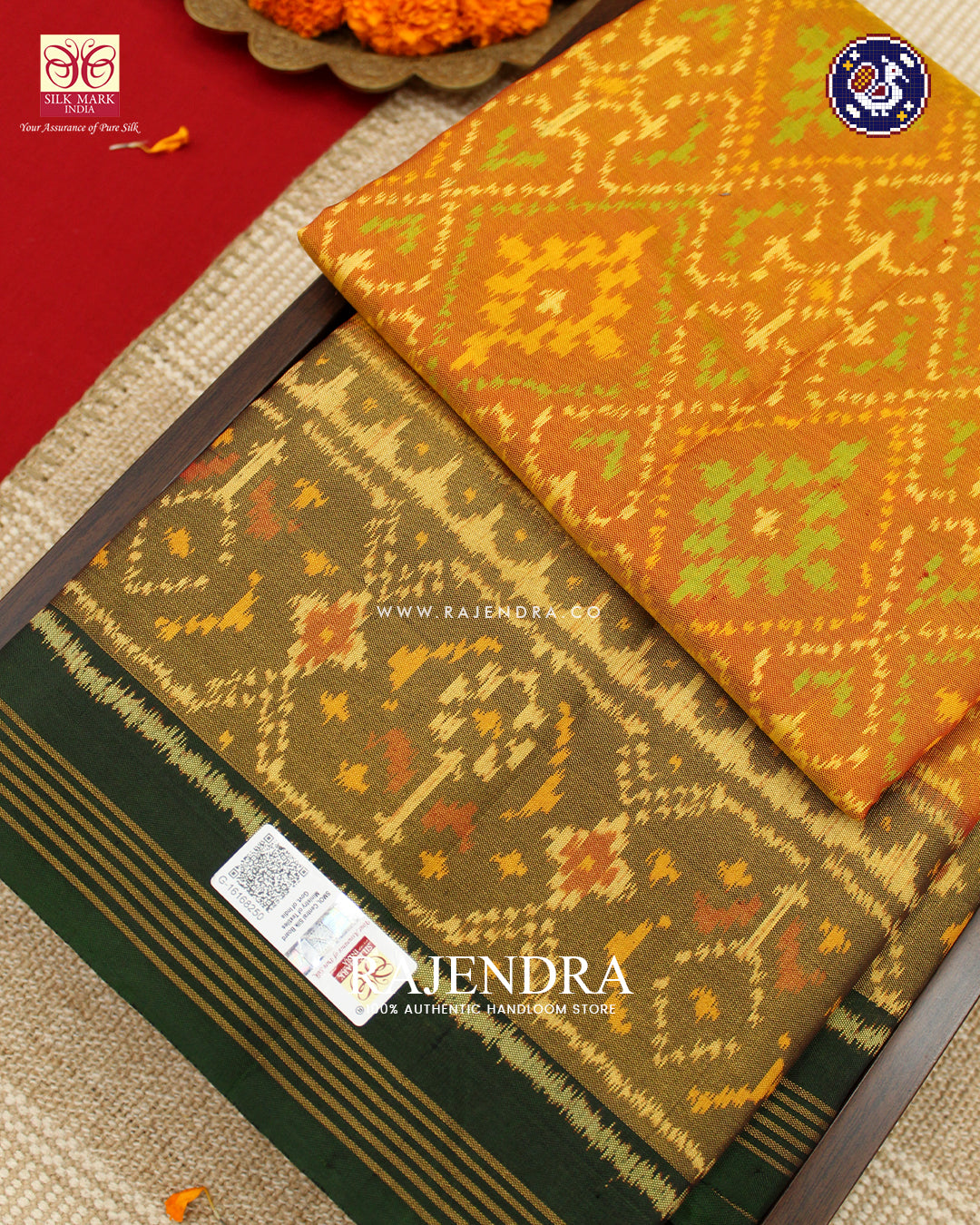 Traditional Panchanda Design Green Mustard Rajkot Patola Saree