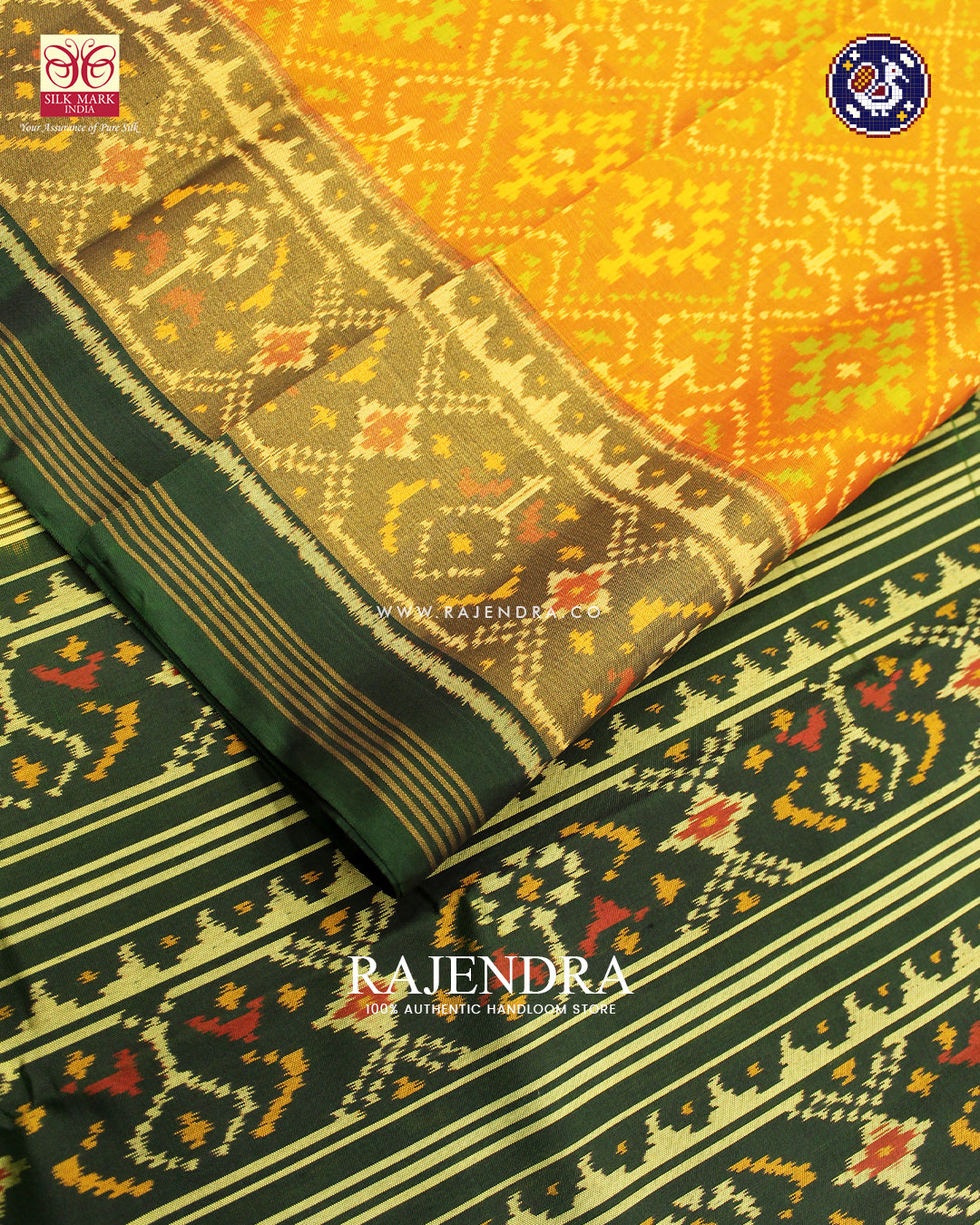 Traditional Panchanda Design Green Mustard Rajkot Patola Saree