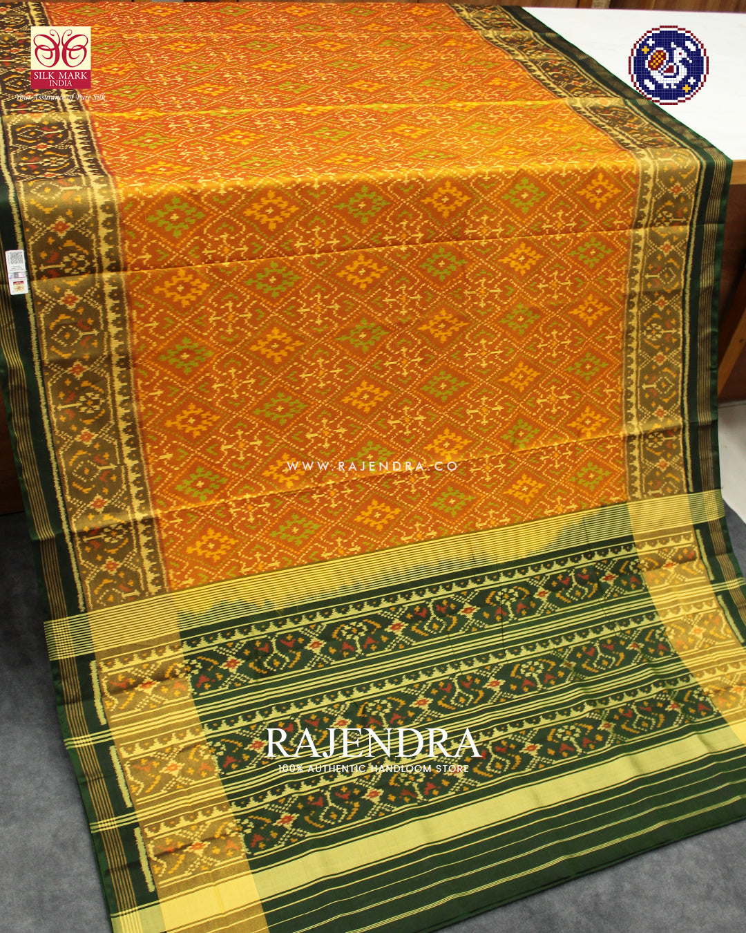 Traditional Panchanda Design Green Mustard Rajkot Patola Saree