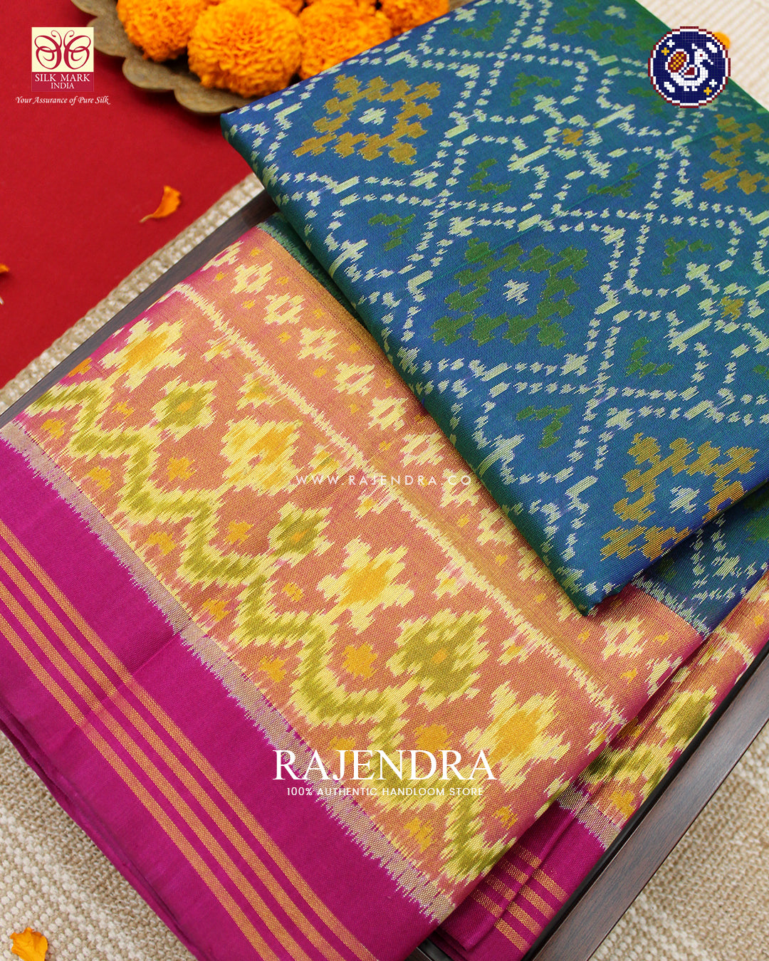 Traditional Panchanda Design Pink and Blue Rajkot Patola Saree