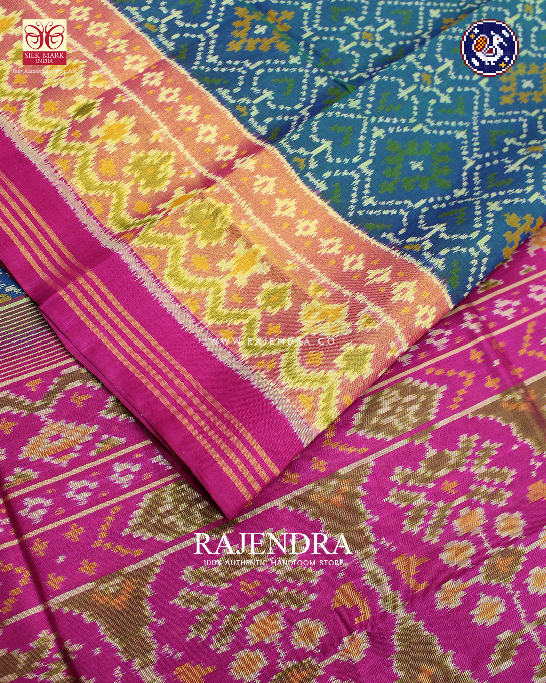 Traditional Panchanda Design Pink and Blue Rajkot Patola Saree