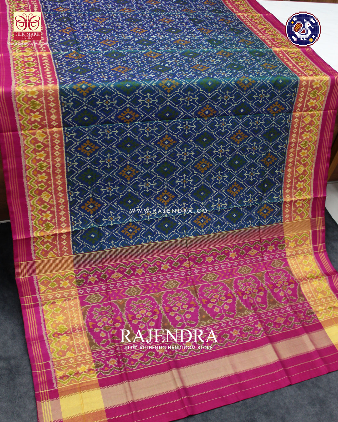 Traditional Panchanda Design Pink and Blue Rajkot Patola Saree