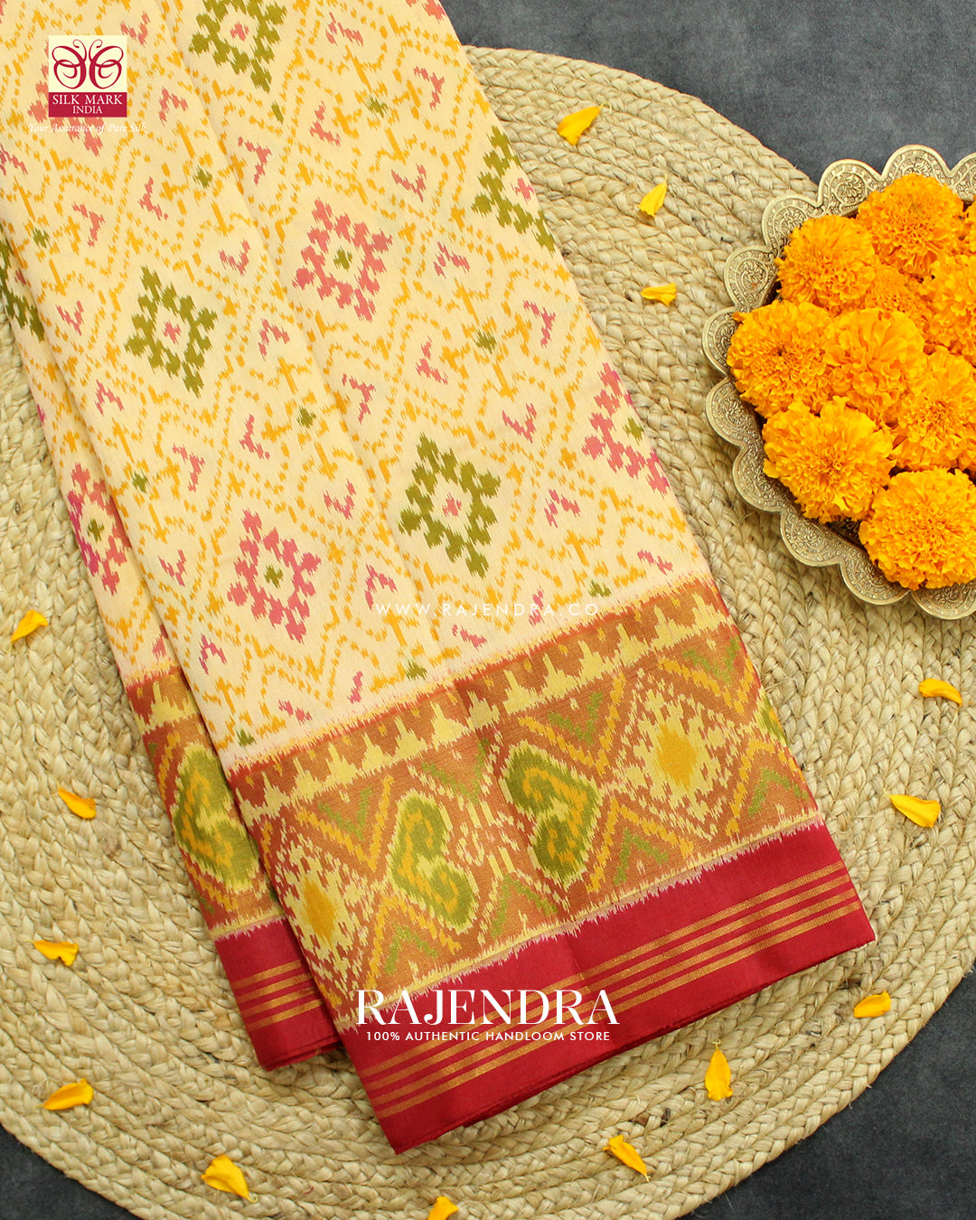 Traditional Panchanda Design Red Cream Single Ikat Rajkot Patola Saree