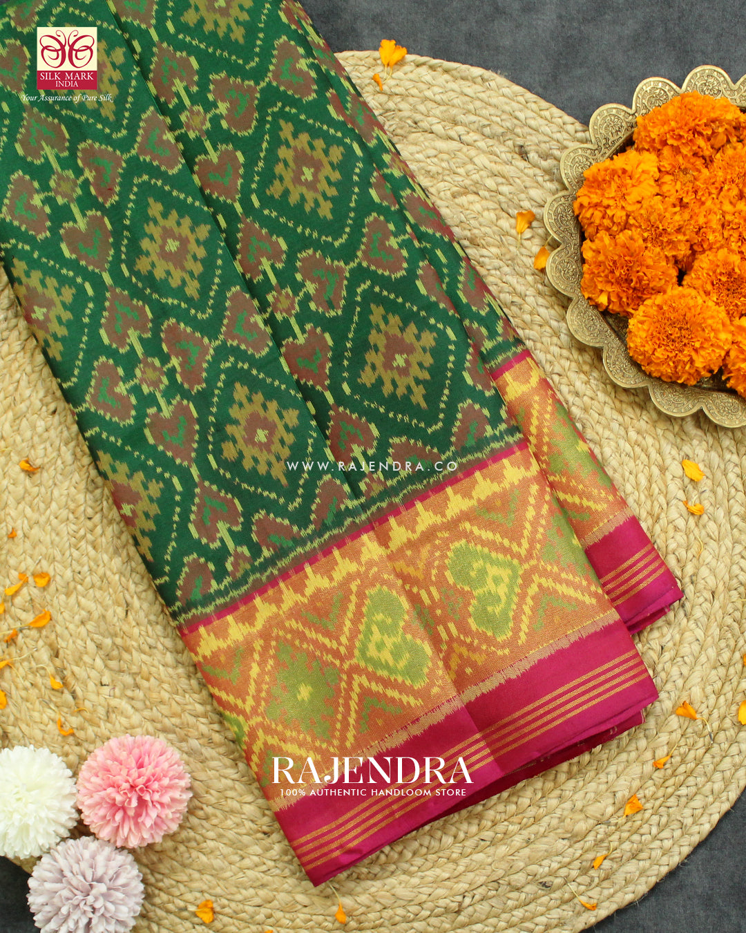 Traditional Panchanda Design Pink and Green Single Ikat Rajkot Patola Saree