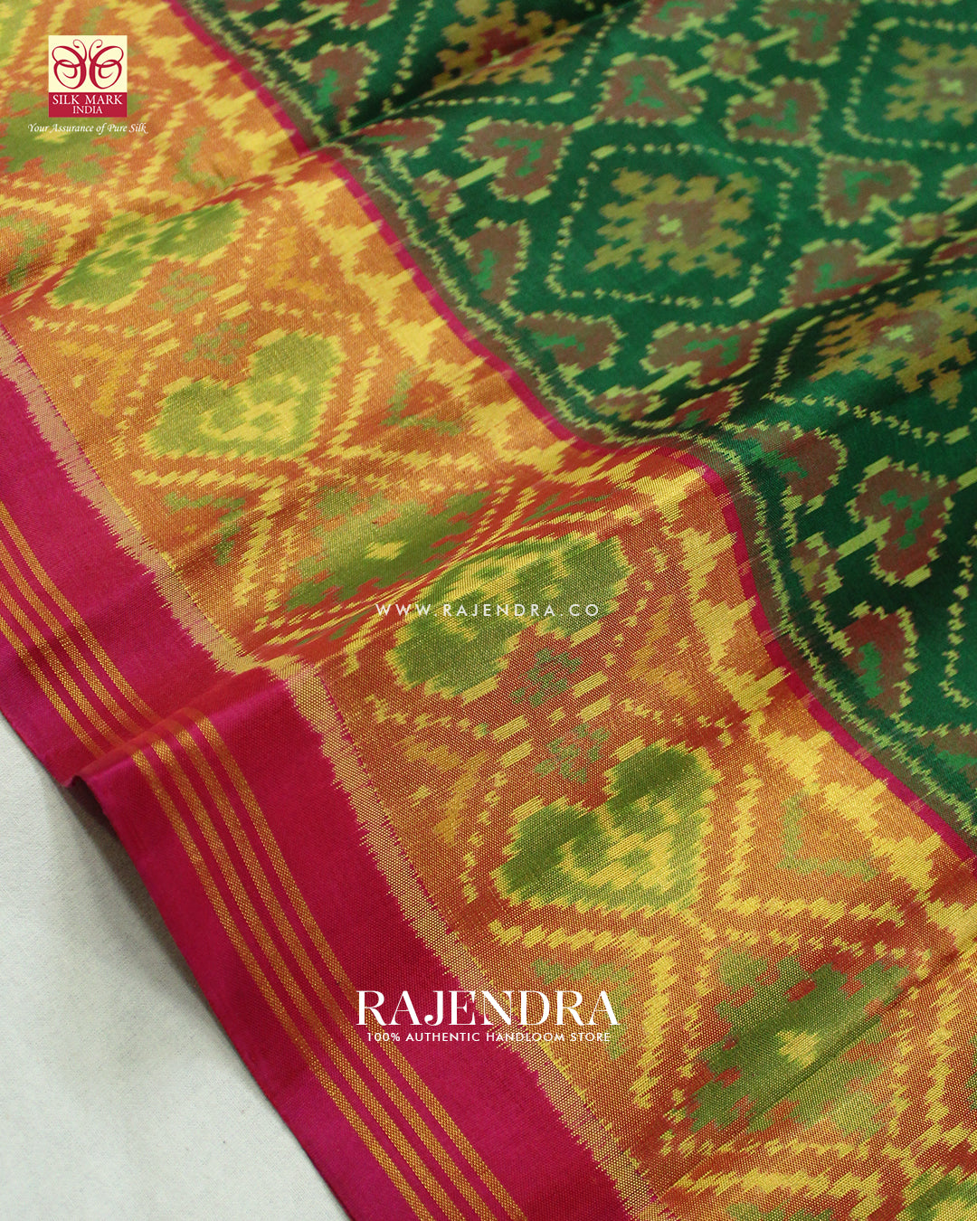 Traditional Panchanda Design Pink and Green Single Ikat Rajkot Patola Saree